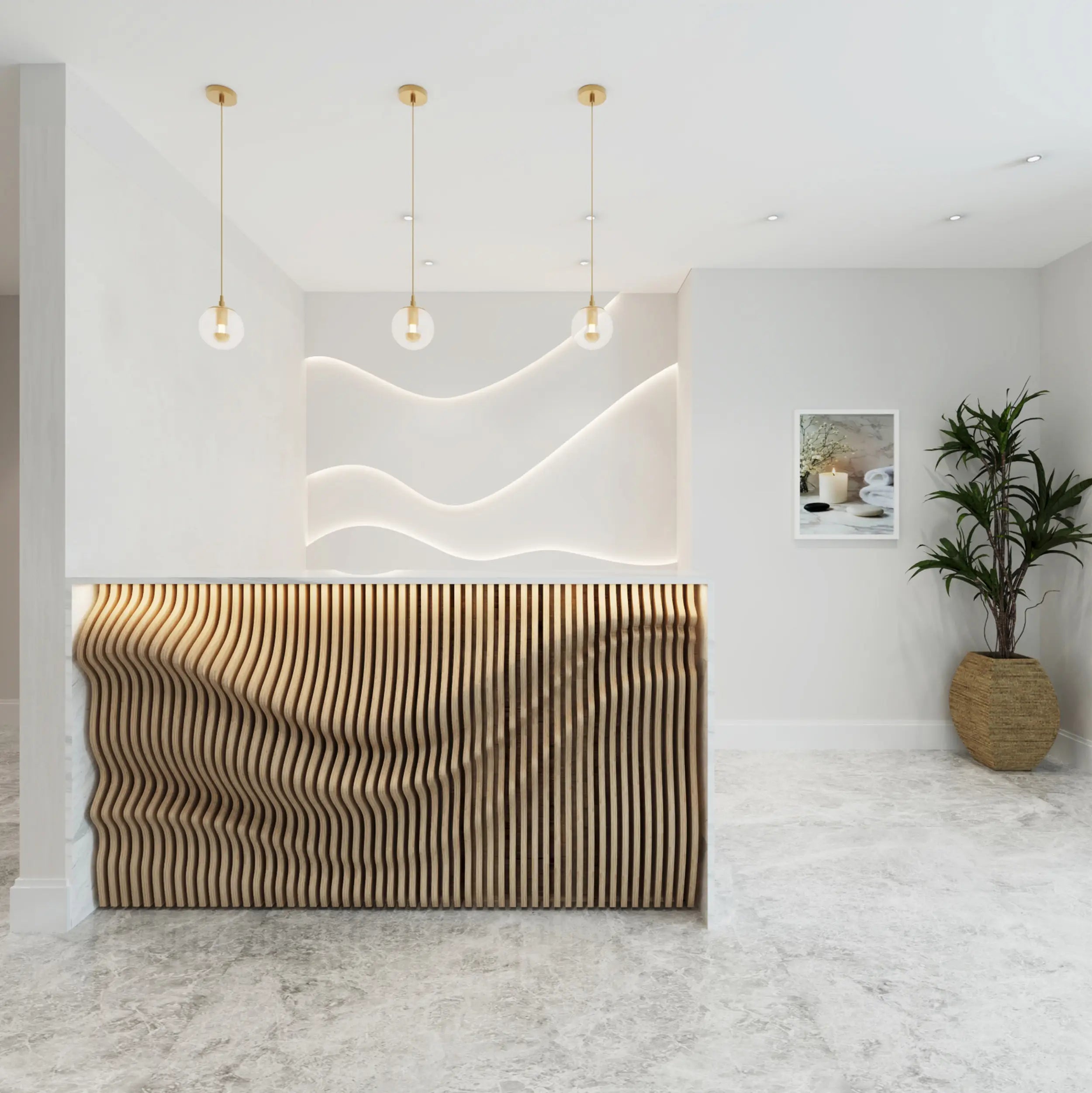 Modern interior design with wavy wooden panel, pendant lights, and a plant.
