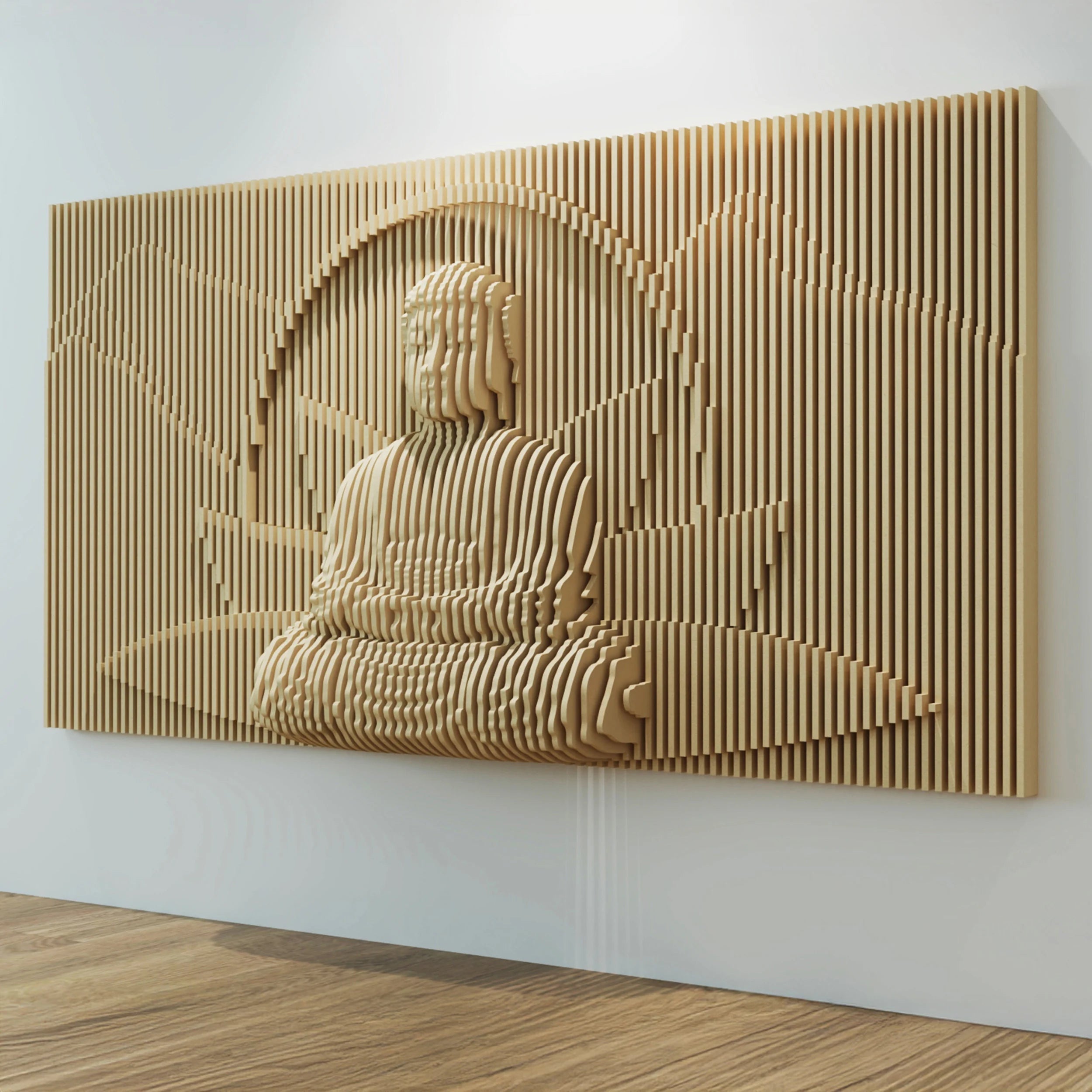 Wooden wall art sculpture of a Buddha figure on a white wall.