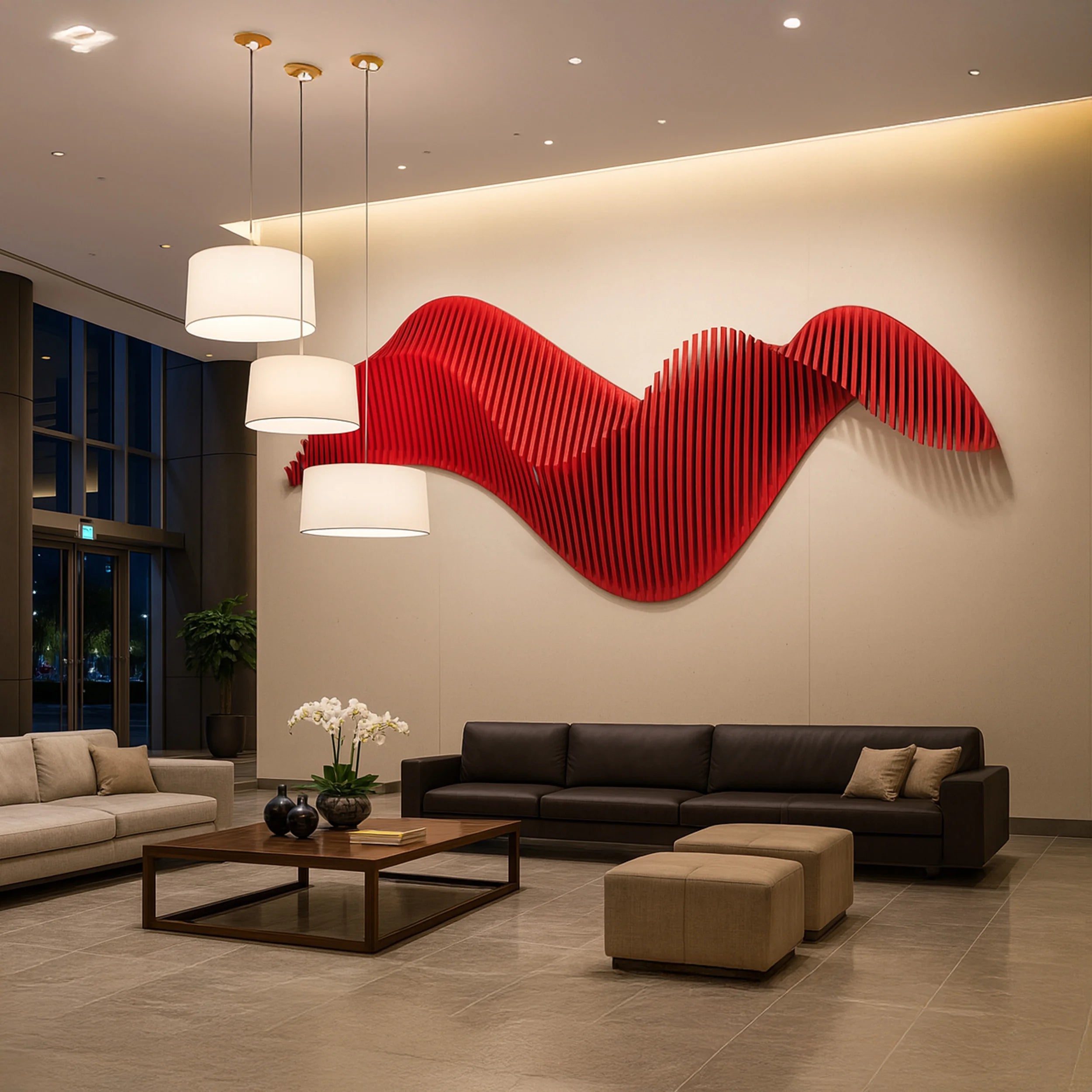 Modern living room with a large red wall sculpture, brown sofa, and wooden coffee table.