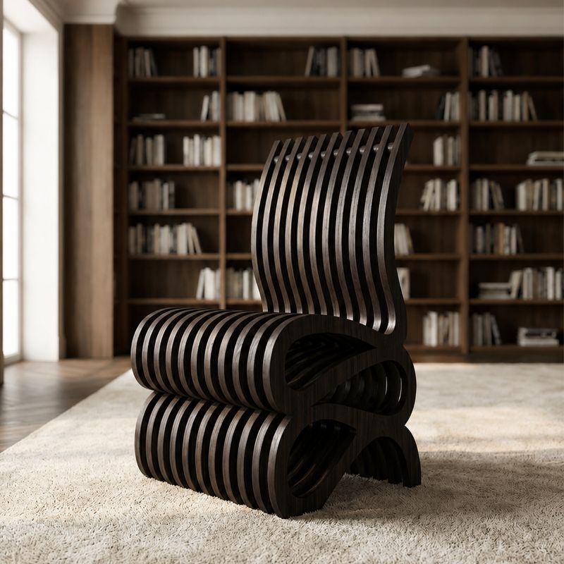 A modern sculptural black chair with a wavy, layered slatted design sits on a light beige rug in a softly lit room with a large wooden bookshelf in the background.