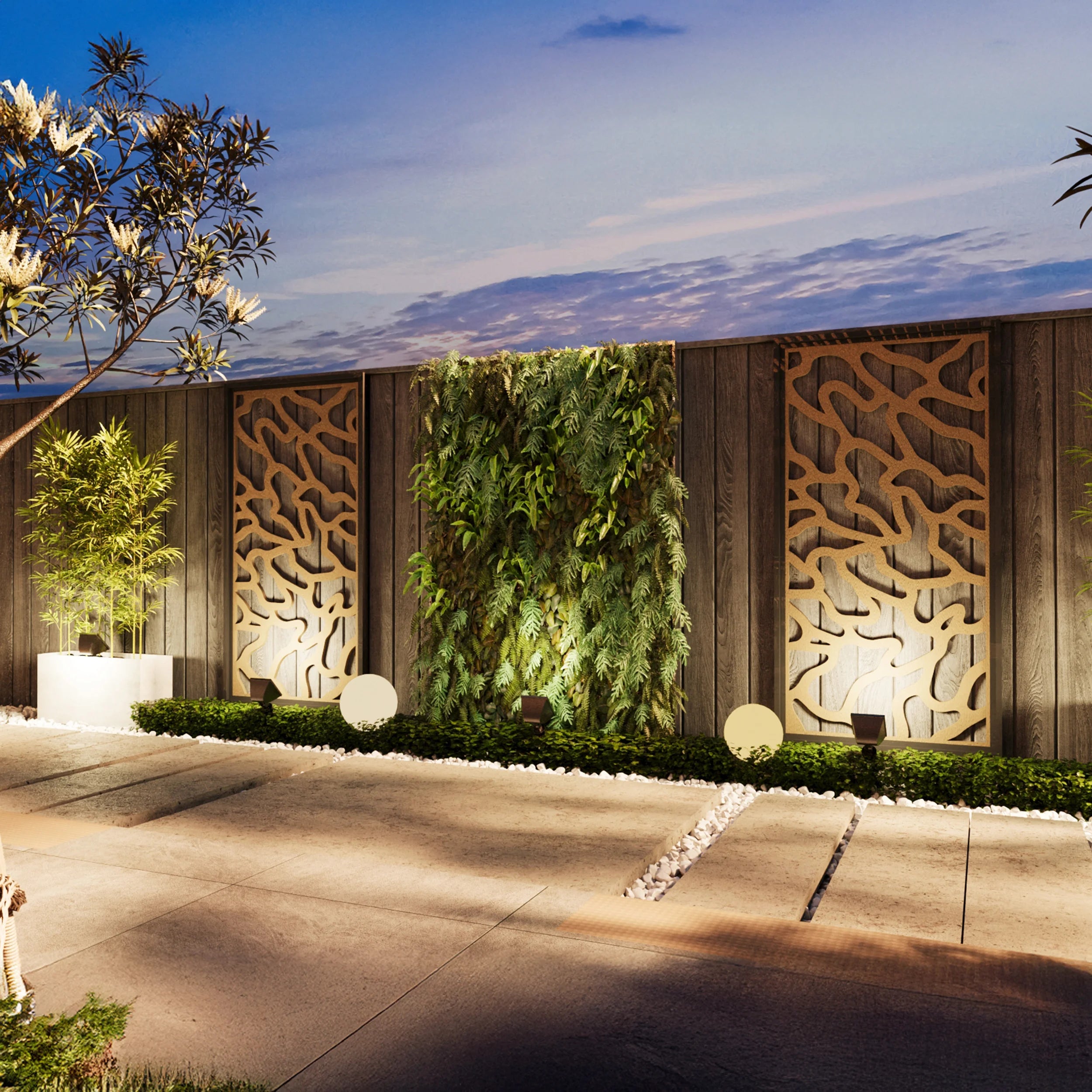 Modern outdoor setting with decorative wall panels and a living plant wall.