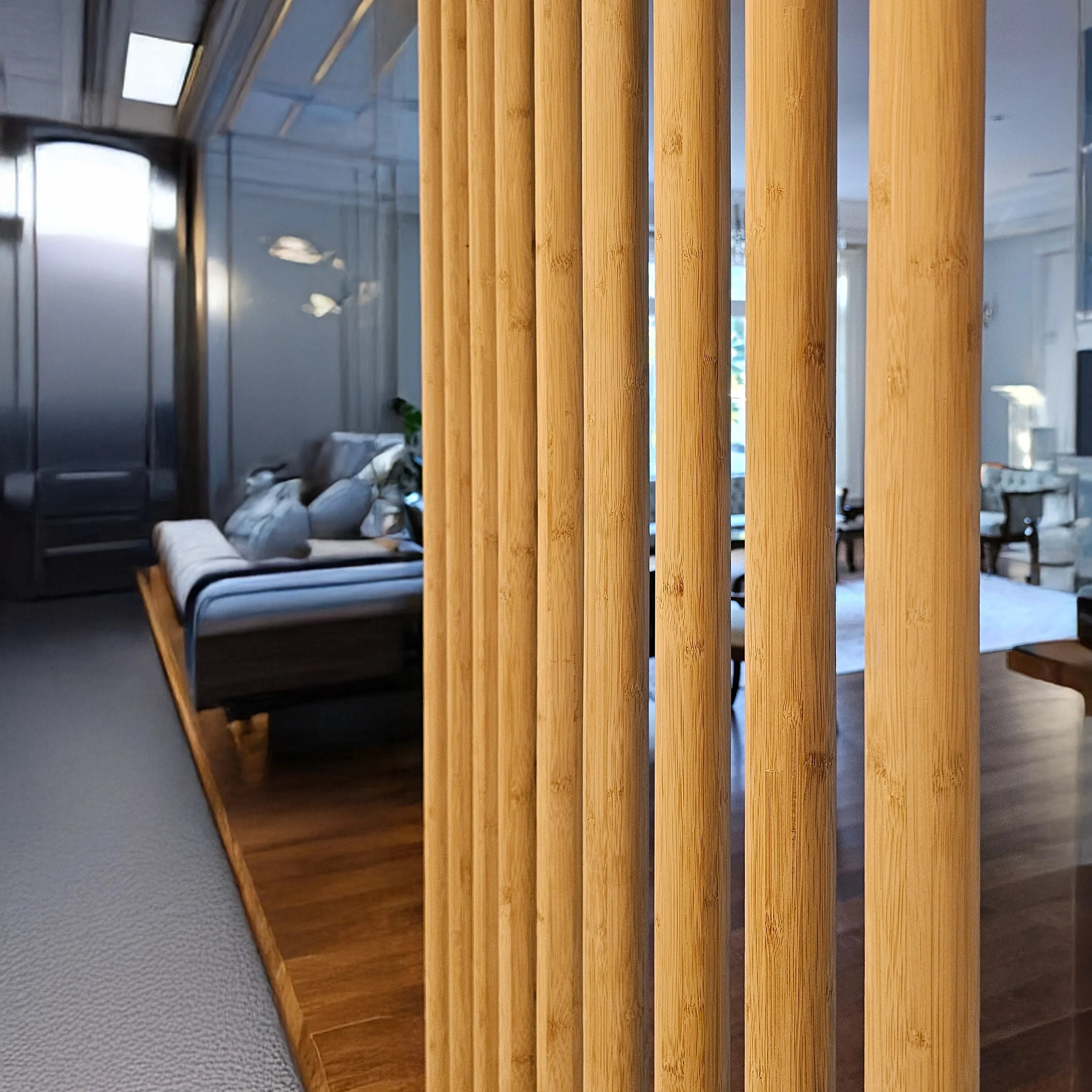 Bamboo room divider in a modern living room setting