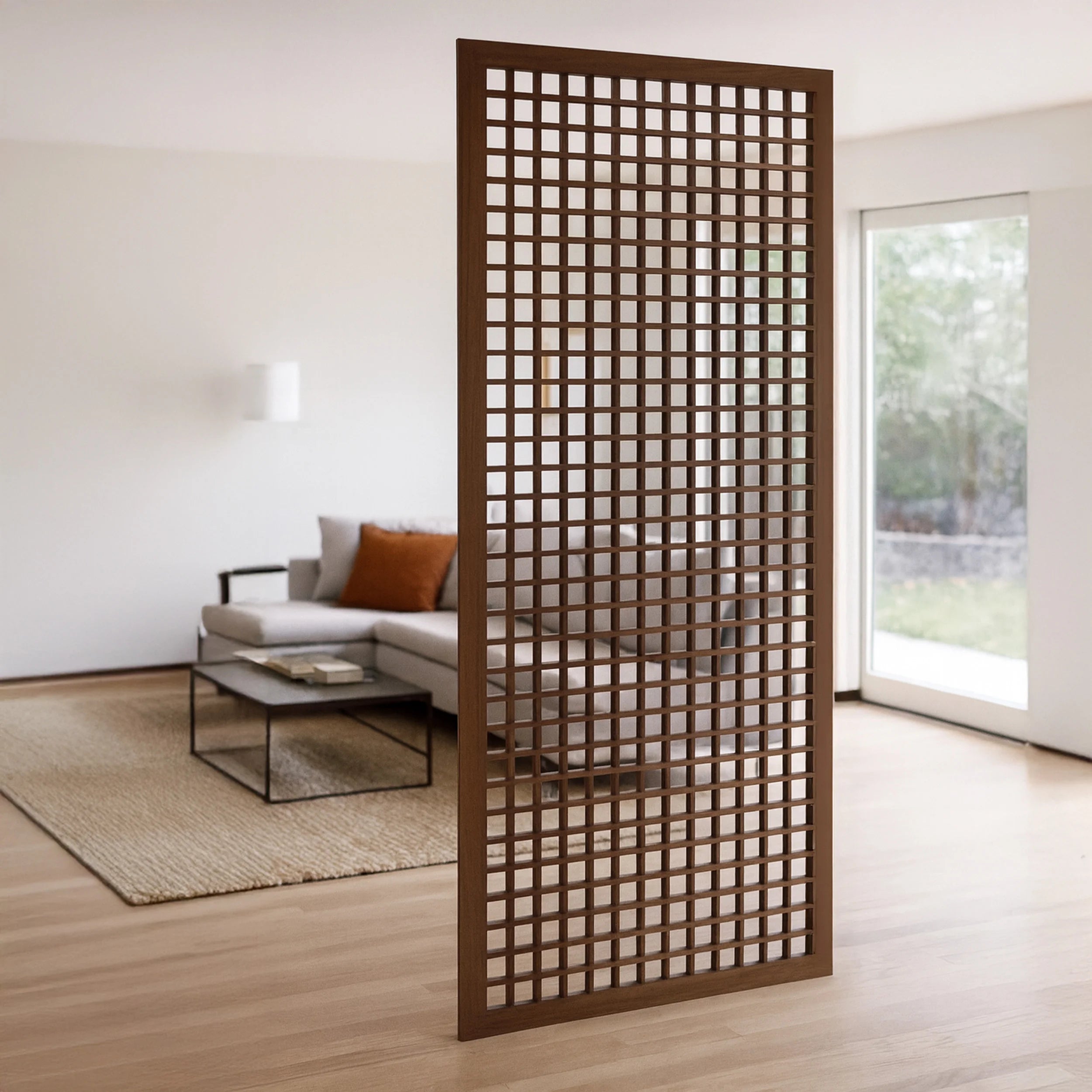 Wooden lattice room divider in a modern living room setting