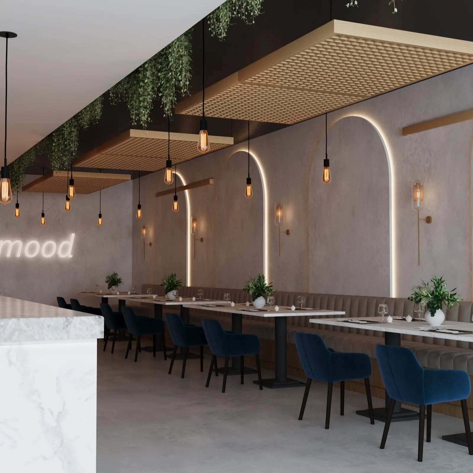 Modern restaurant interior with long dining table and blue chairs, featuring decorative plants and lighting.