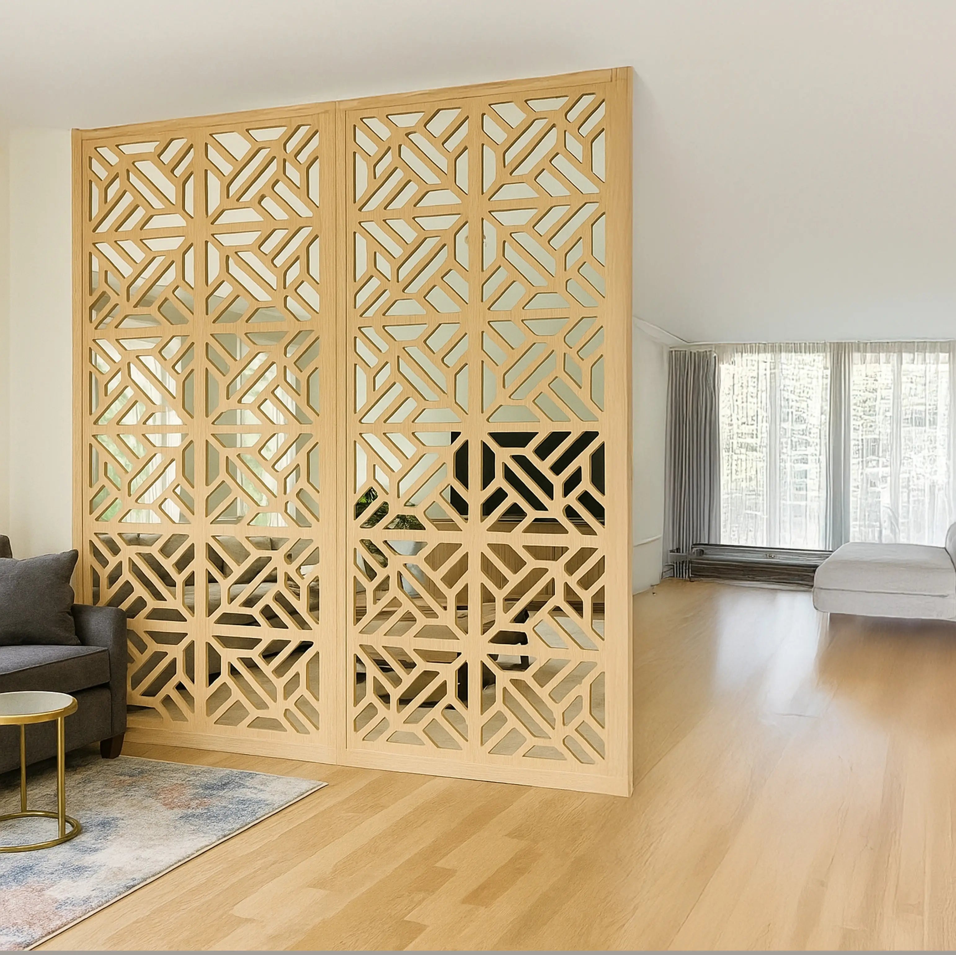 Wooden lattice room divider in a modern living room setting