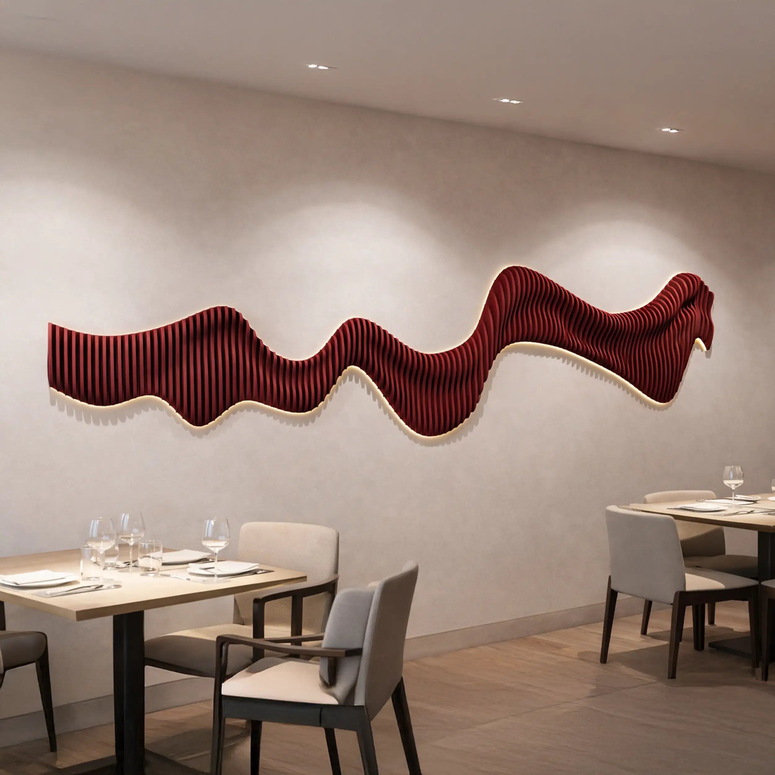 Dining area with wavy red wall art and tables with chairs.