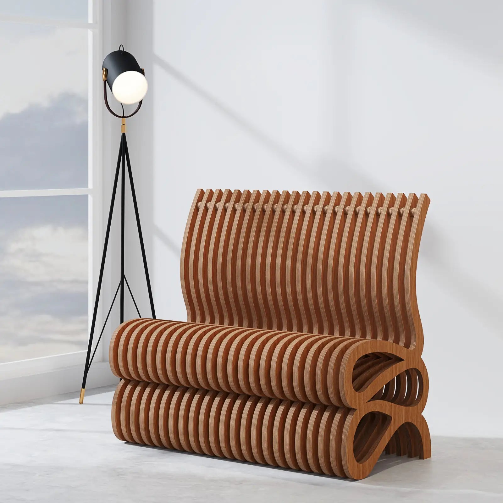 Modern brown chair with a unique design in a minimalistic room.