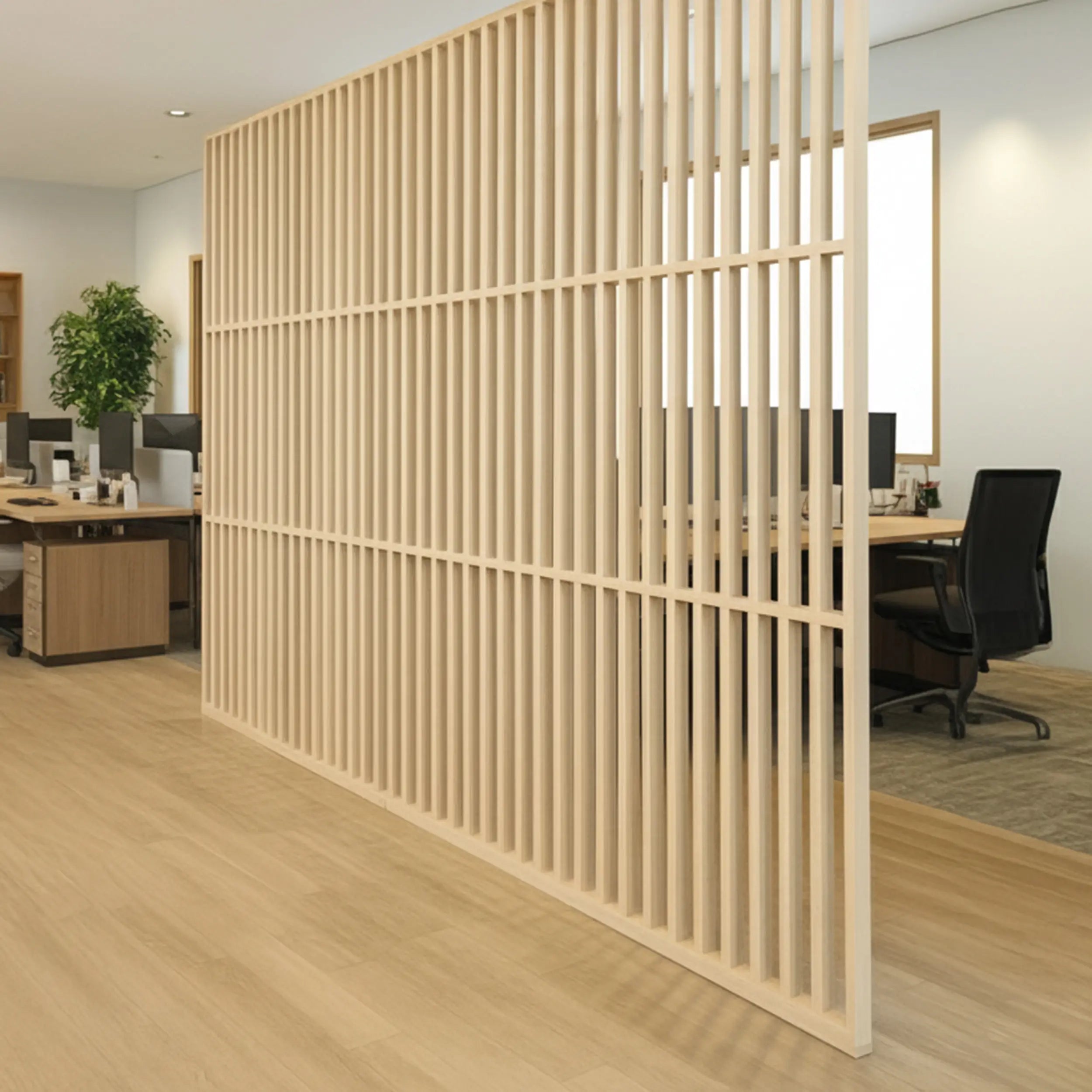 Wooden slat room divider in an office setting