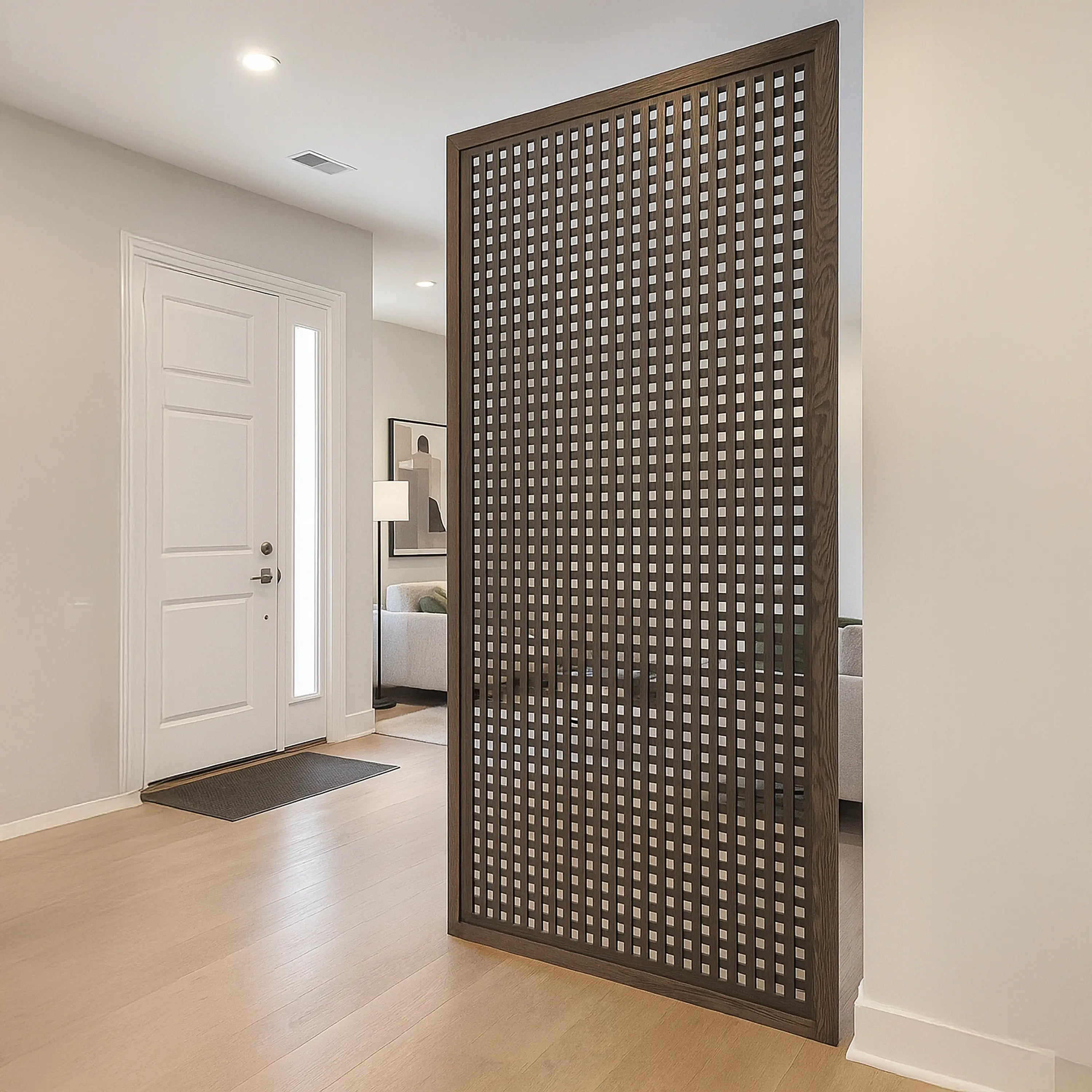 Decorative wooden screen in a modern interior setting