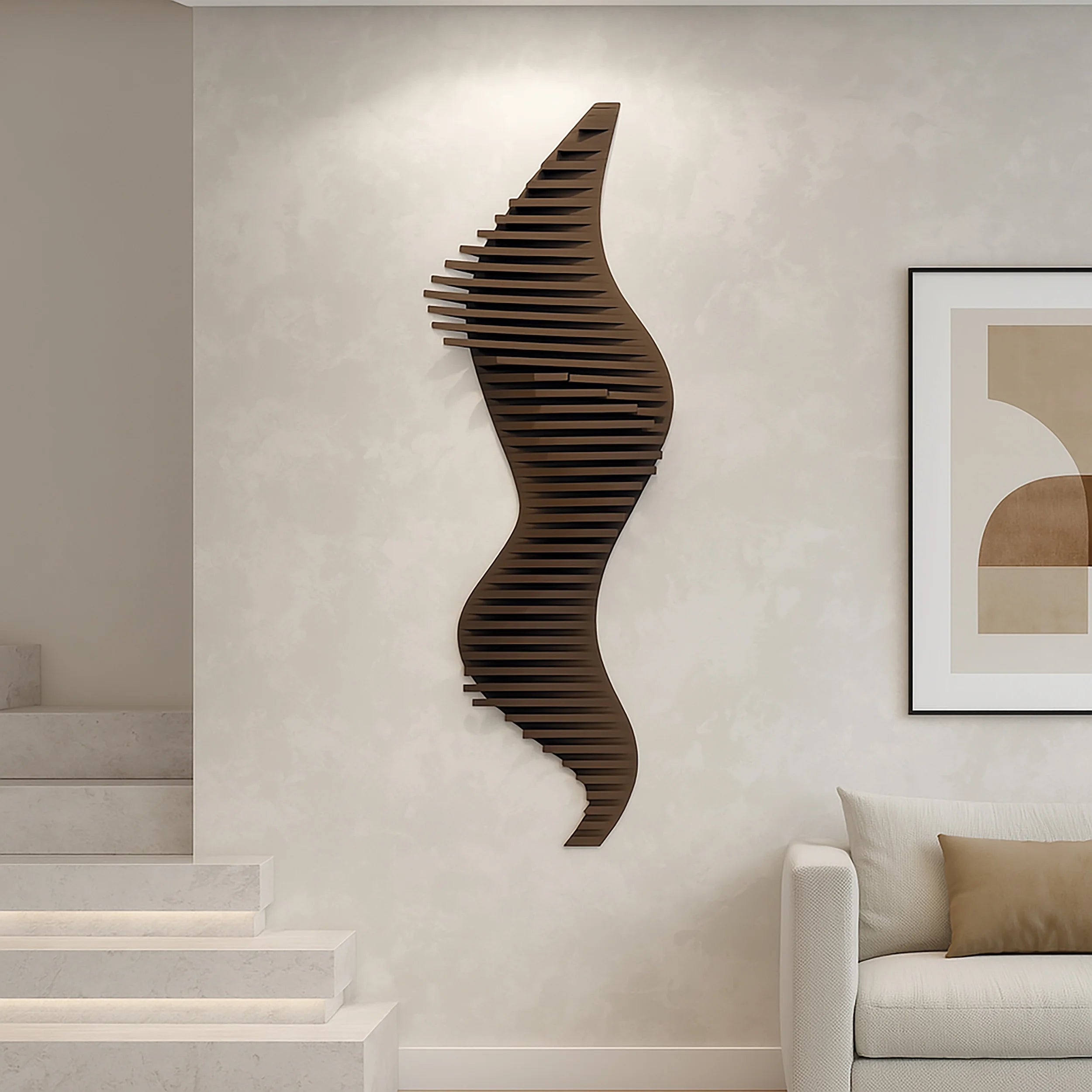 Modern interior with a wavy wooden wall art piece and a framed abstract painting.