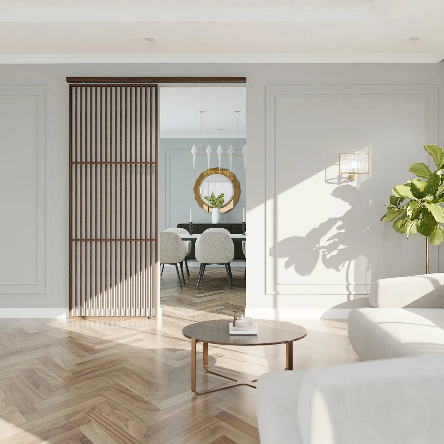 Modern living room with white sofa, wooden coffee table, and decorative elements.