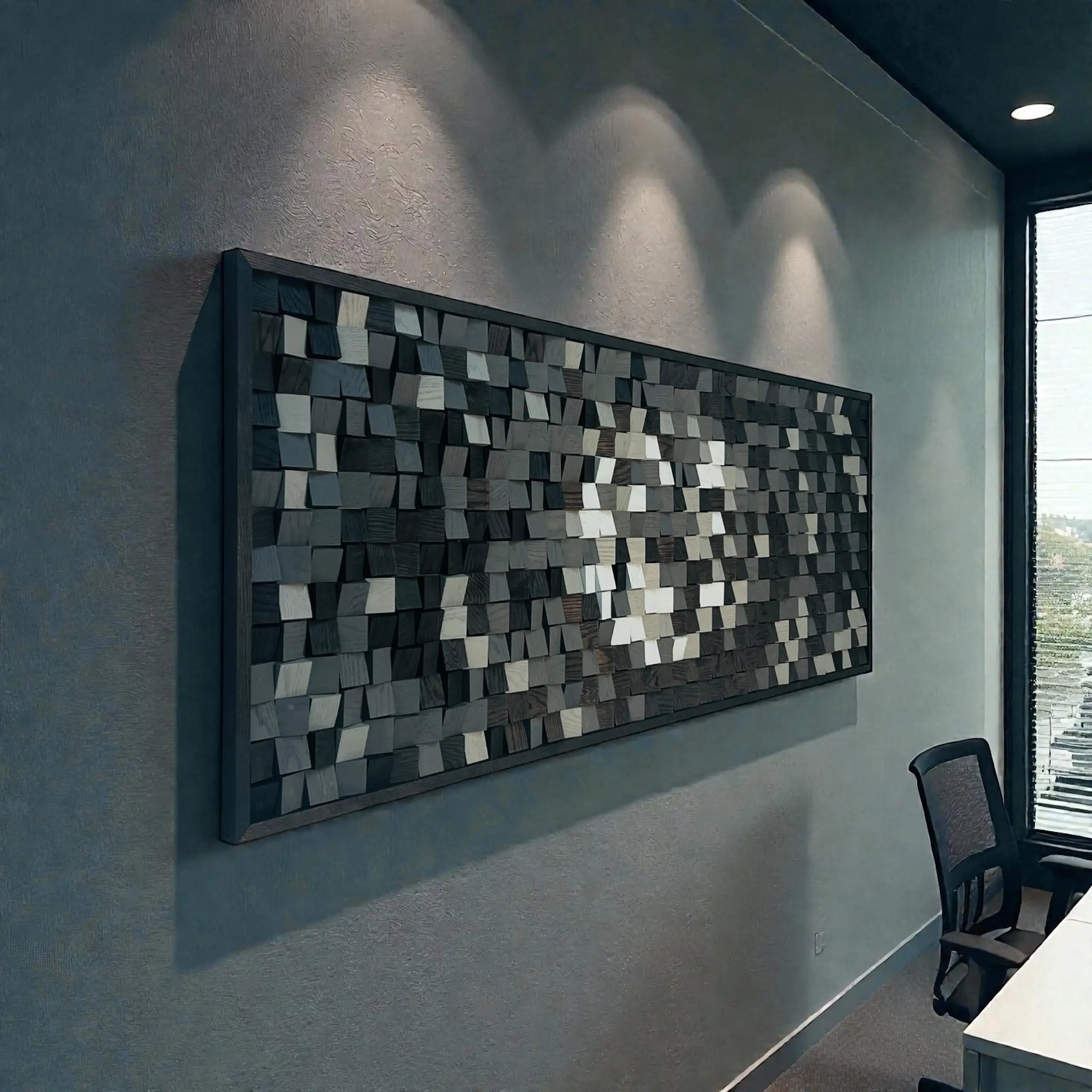 Abstract wall art made of interlocking wooden blocks in a modern office setting.