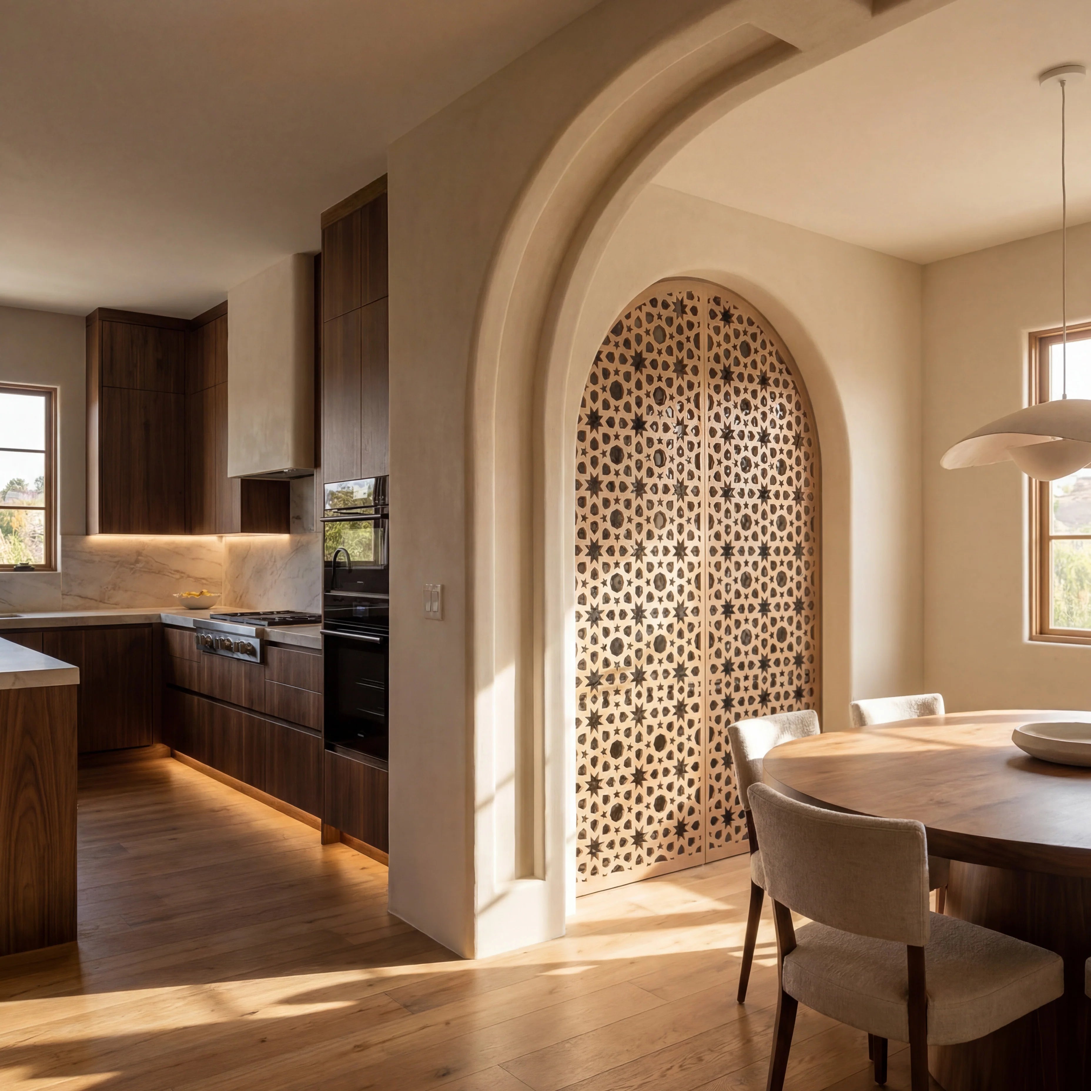 Modern kitchen with wooden floor, archway, and dining table.