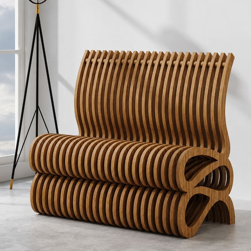 A modern wooden slatted bench with a curved, layered design, shown in a minimalist room setting with a tripod floor lamp and a window.
