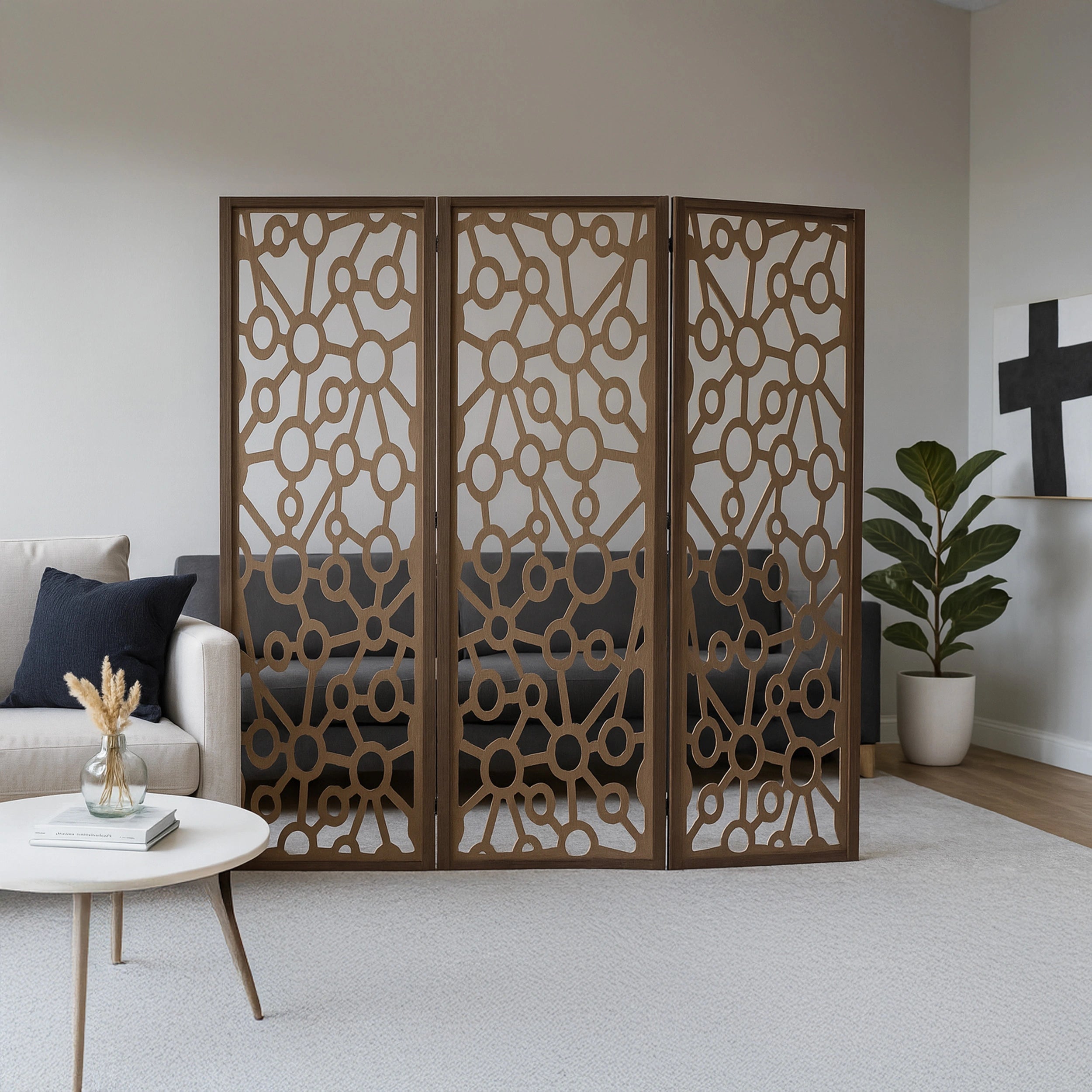 Decorative wooden screen in a living room setting with a sofa and coffee table.