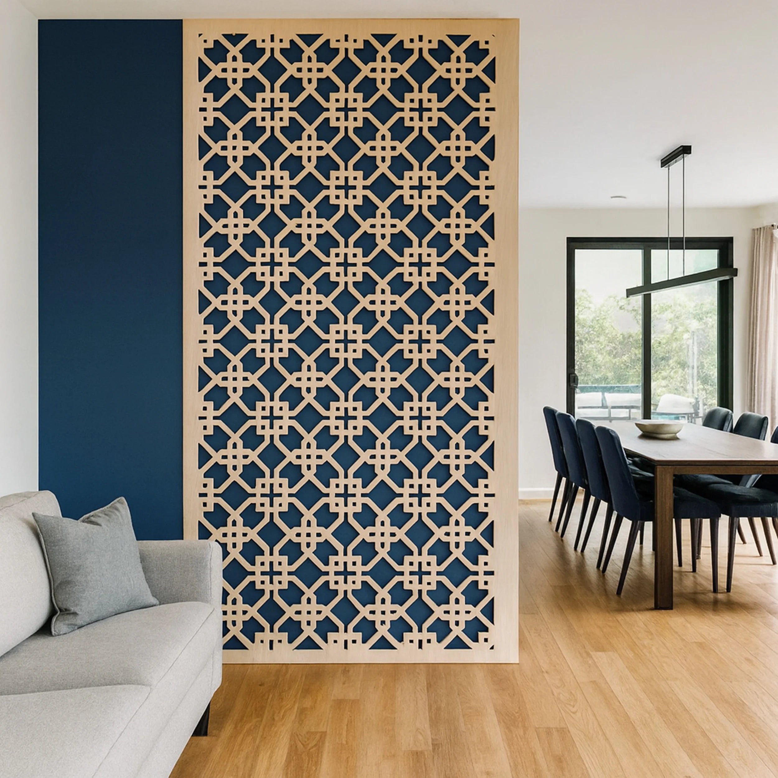 Decorative wall panel with geometric pattern in a modern living room setting.