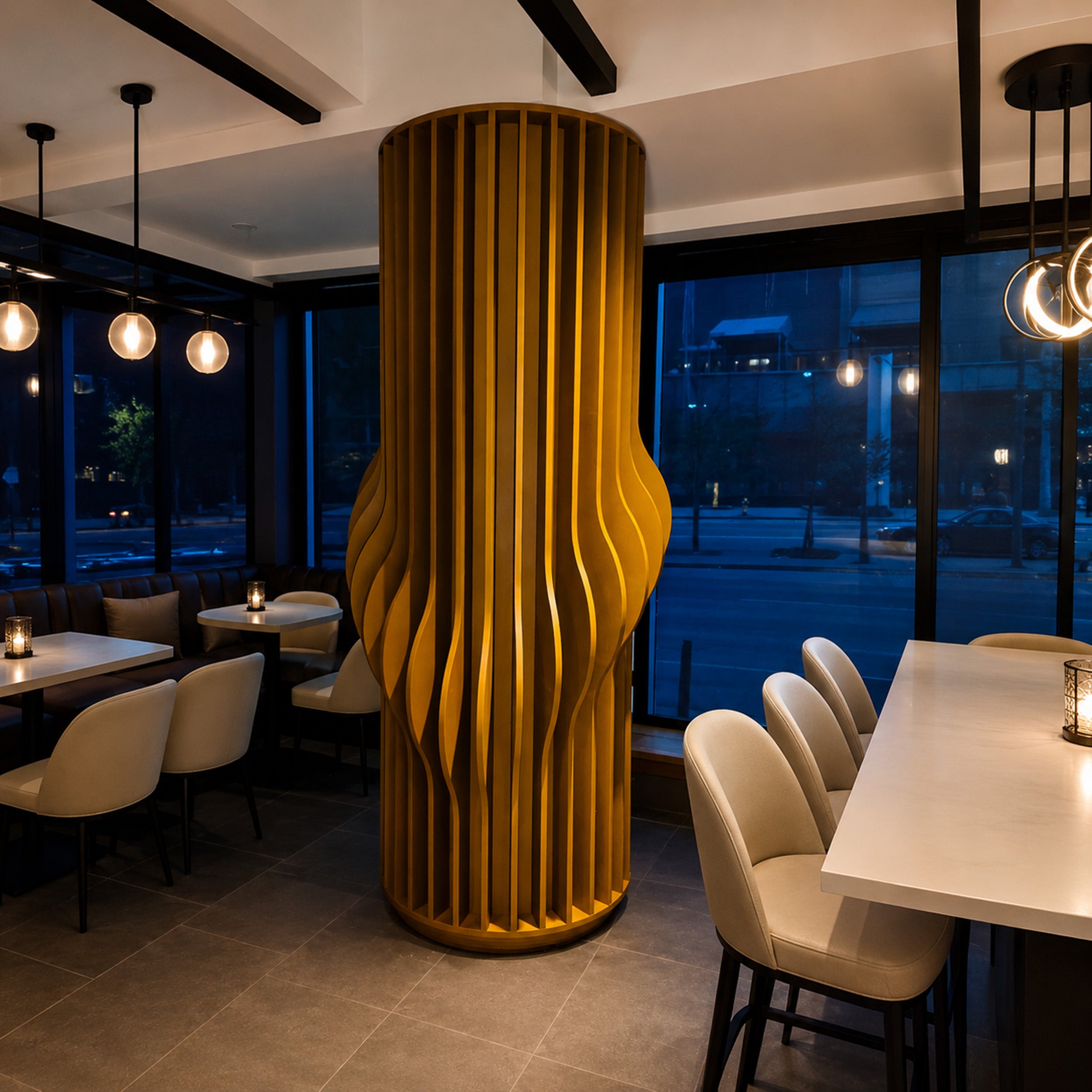 Modern restaurant interior with a large decorative vase and tables.