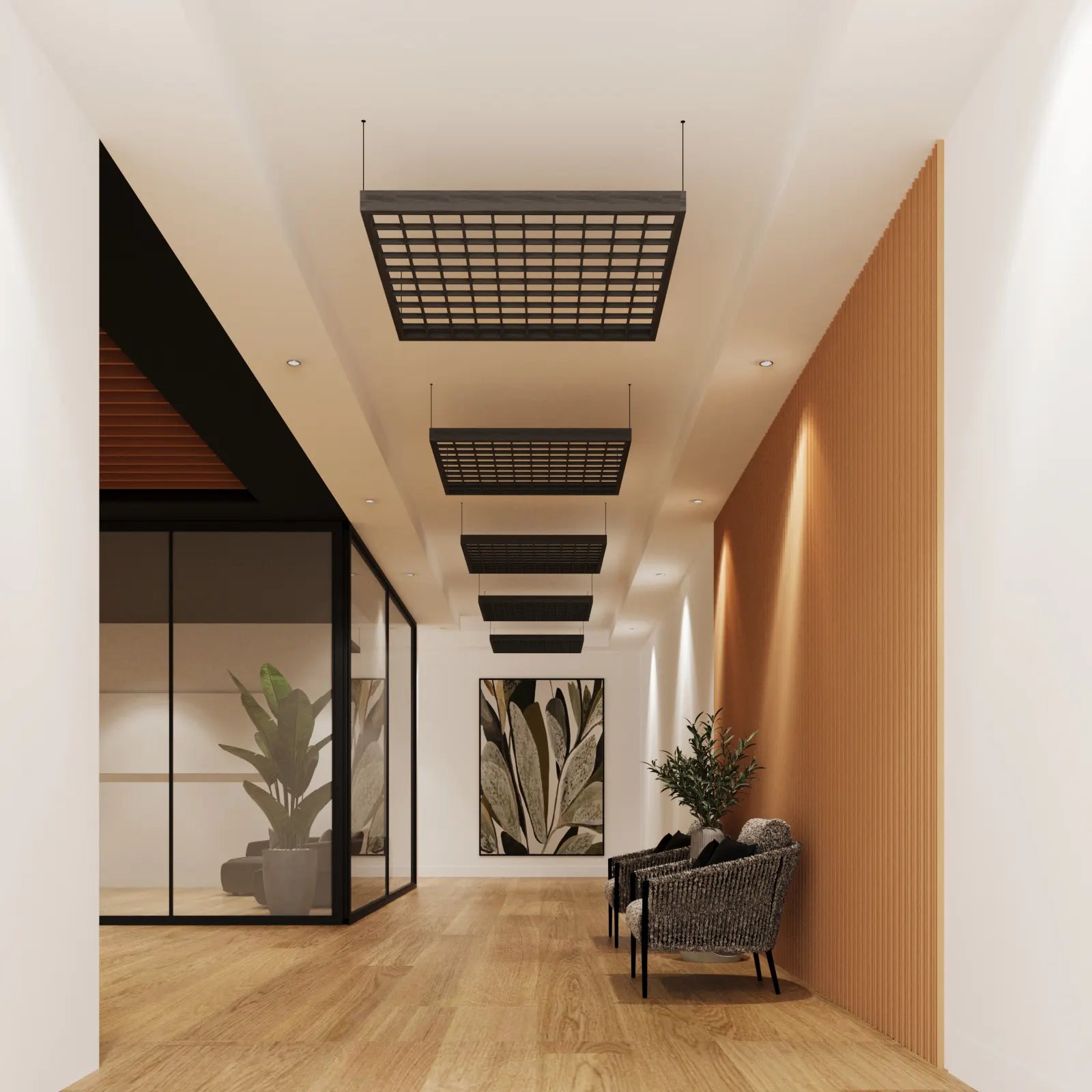 Modern interior hallway with ceiling lights, plants, and a sofa.