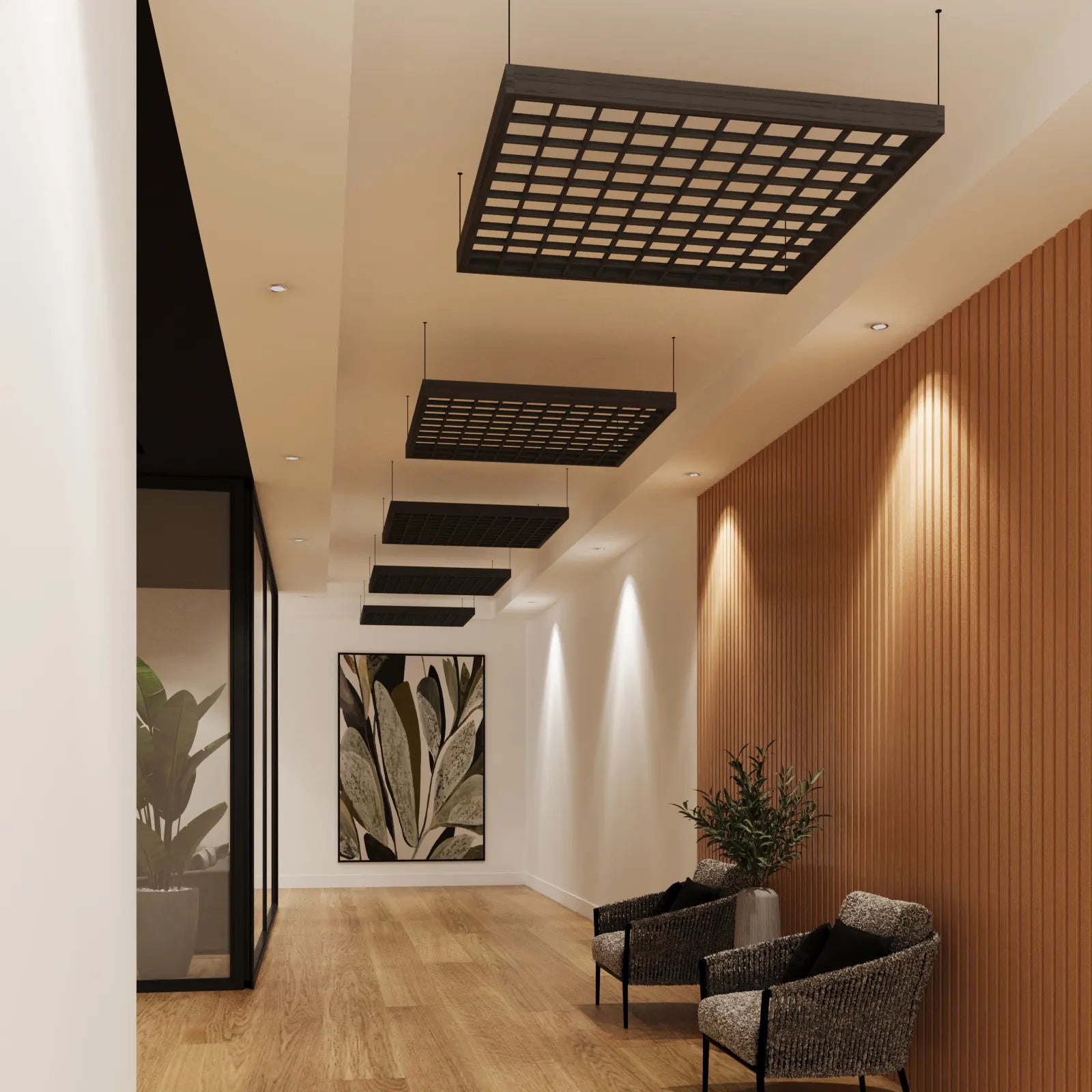 Modern interior design with ceiling lights, wall art, and chairs.