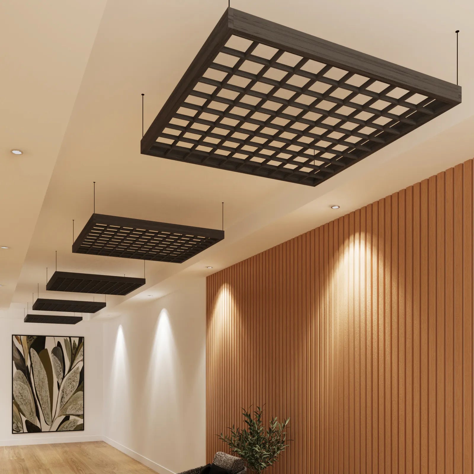 Modern interior design with grid-patterned ceiling lights, wooden wall, and artwork.