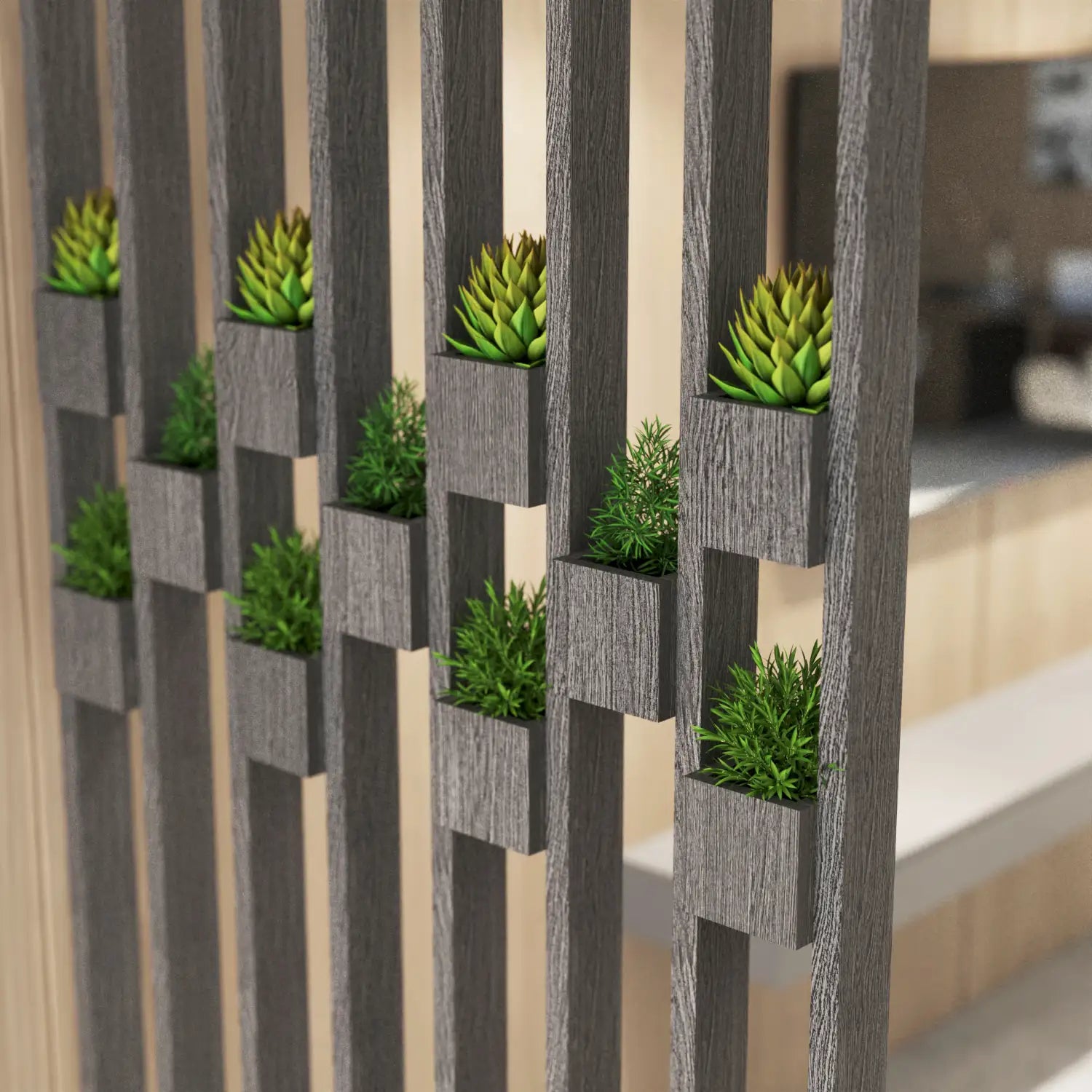 Decorative screen with planters holding succulents in a blurred indoor setting