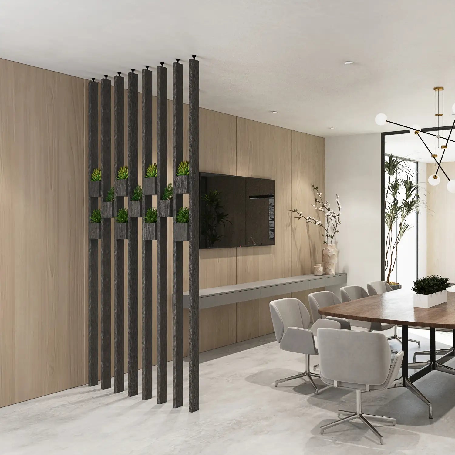 Modern living room with a wooden wall, TV, and dining area.