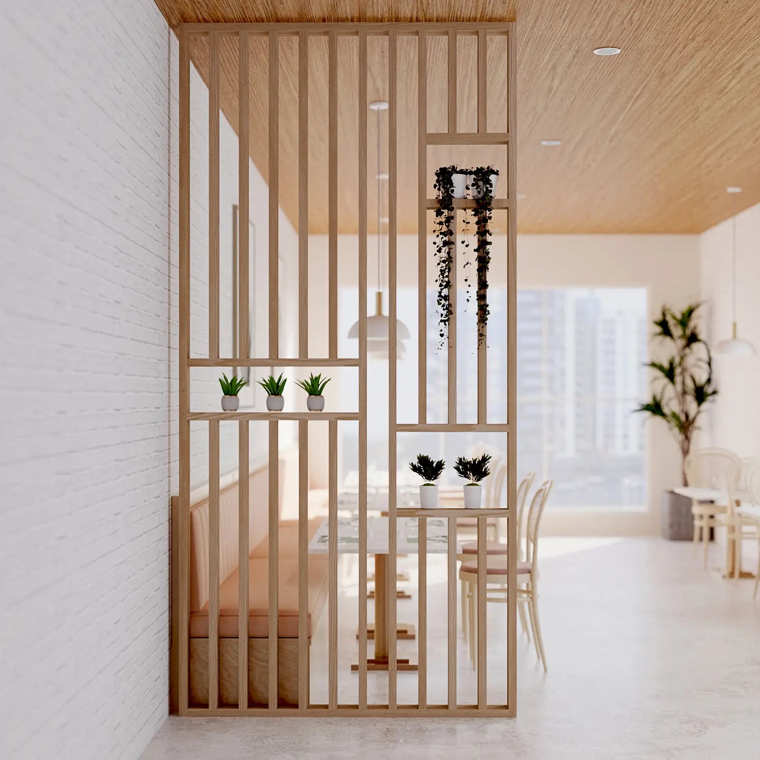 Wooden room divider in a modern interior setting with plants and furniture.