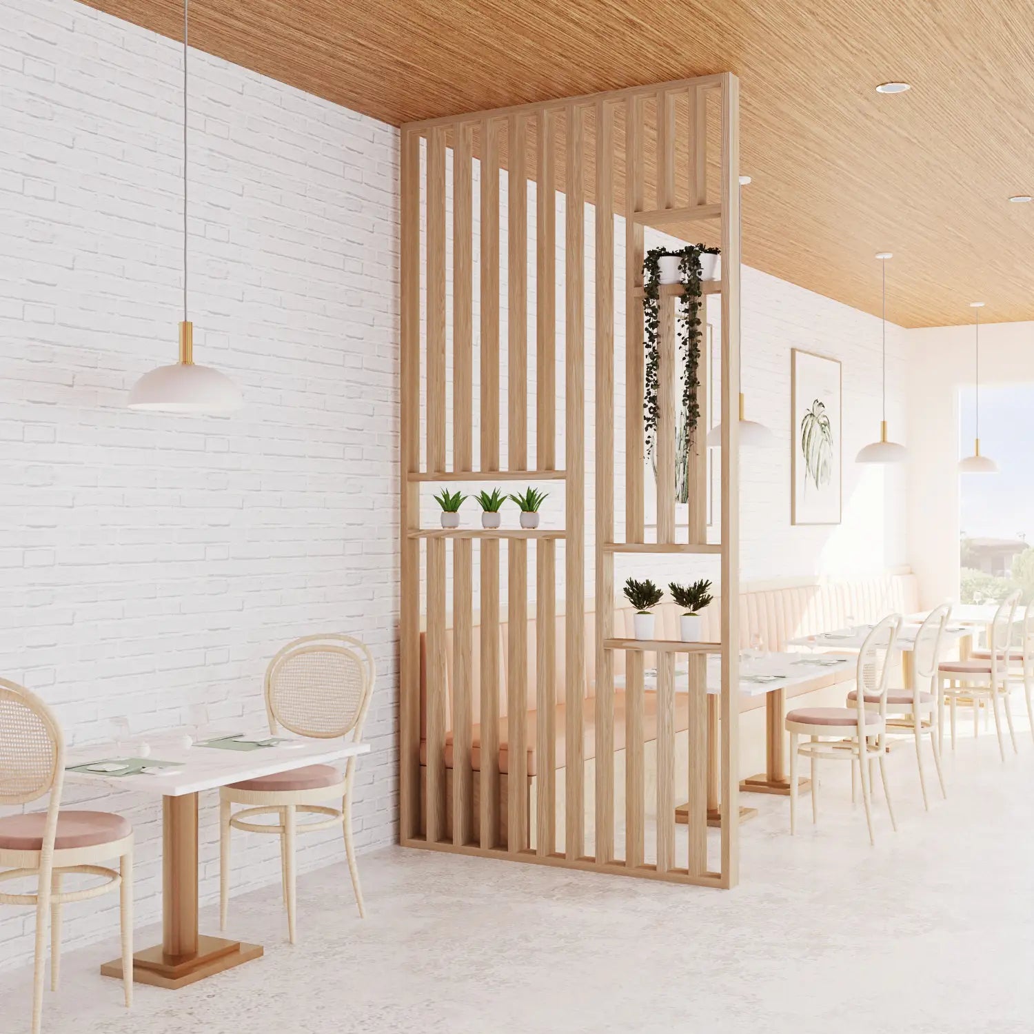 Modern dining area with wooden partition and white walls