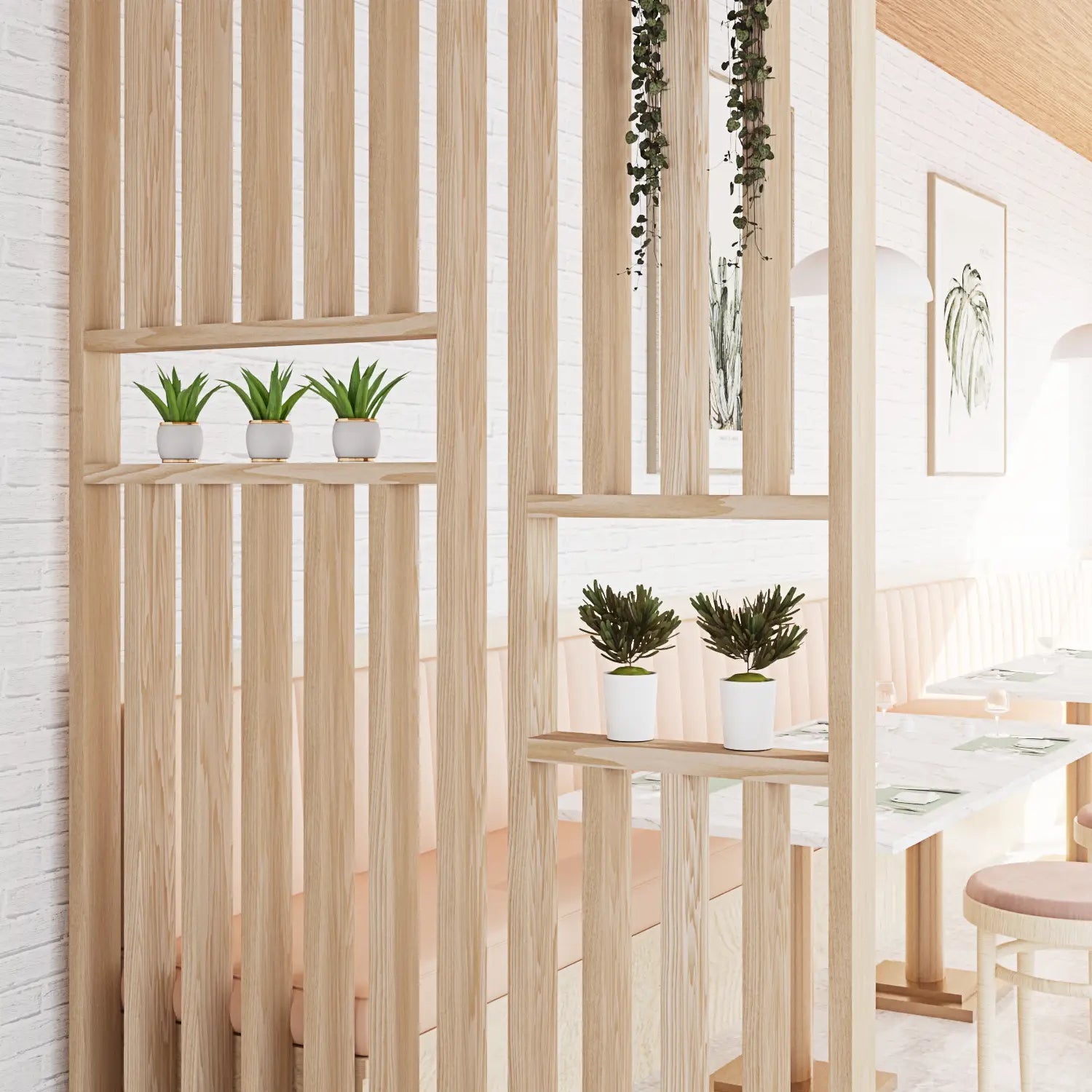 Wooden room divider with potted plants in a modern interior setting