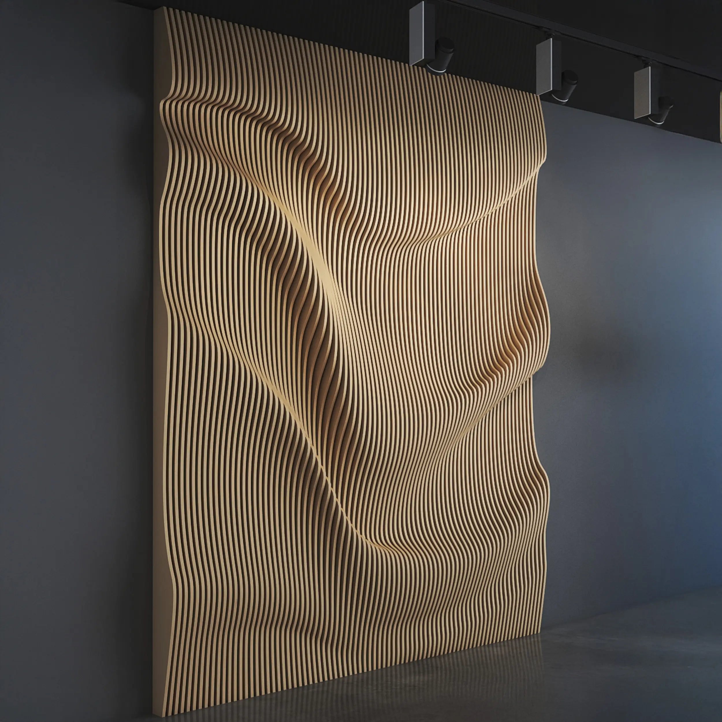 Wavy beige wall art on a dark gray wall