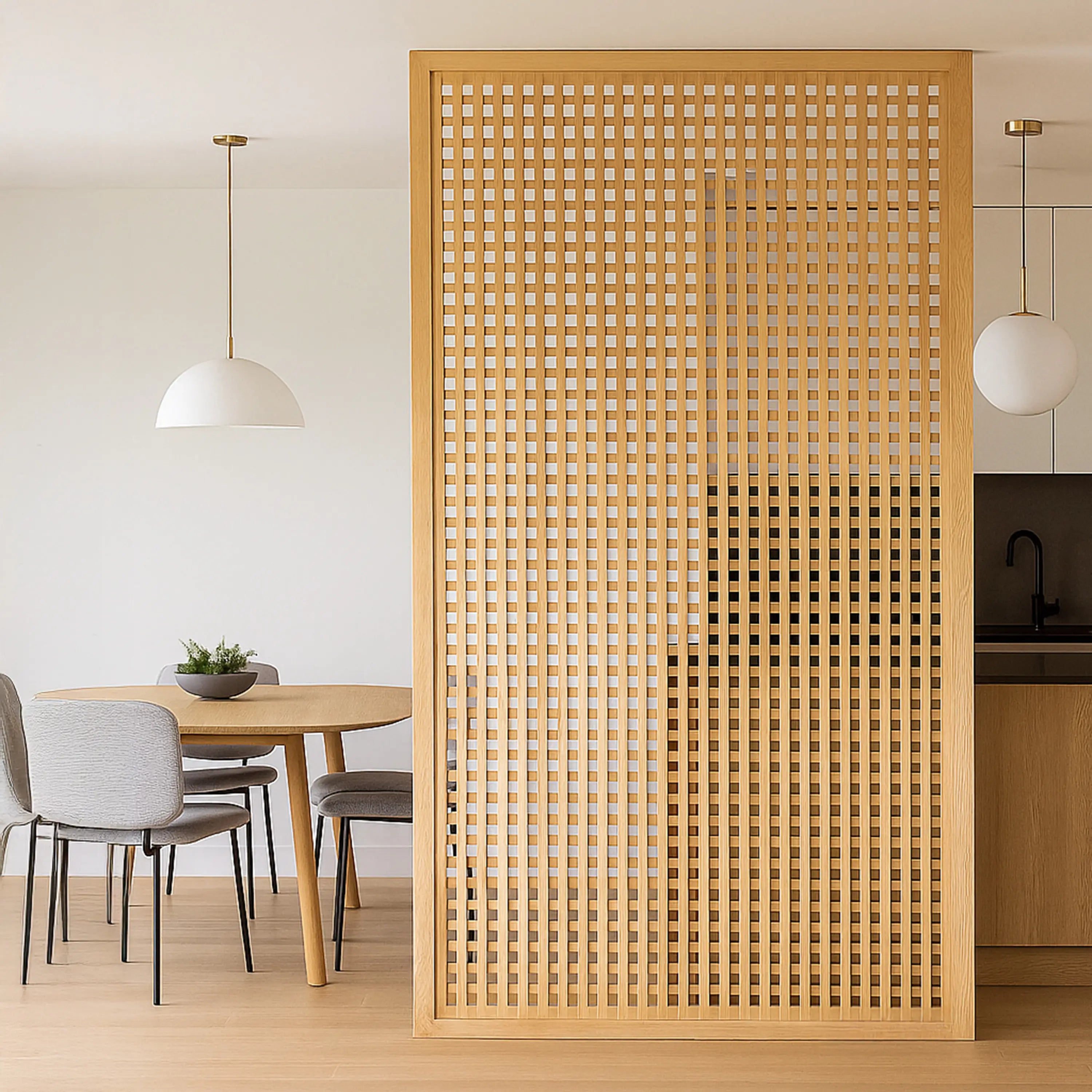 Wooden lattice screen in a modern interior setting with dining table and chairs.