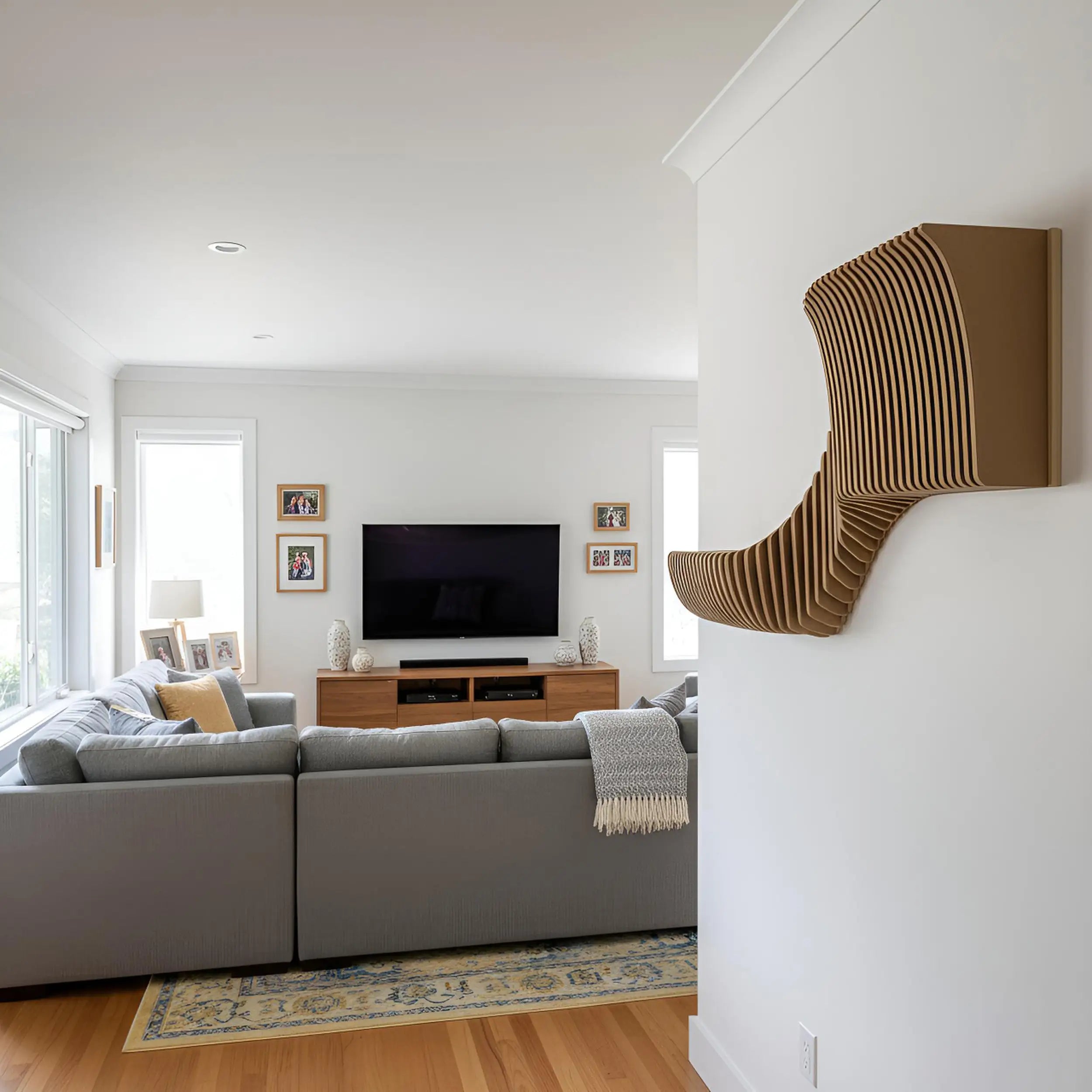 Modern living room with gray sofa, TV, and decorative wall art.