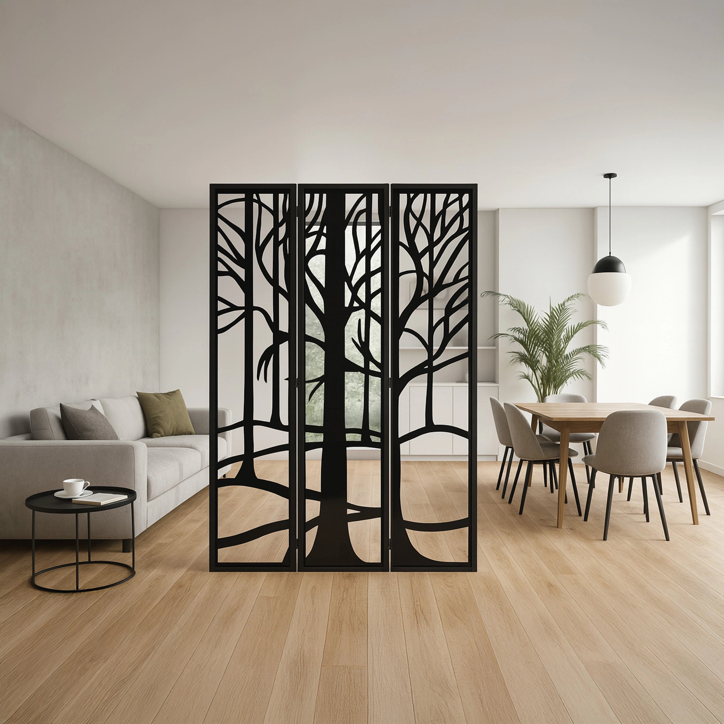 Black tree-patterned room divider in a modern living room with a sofa and dining table.