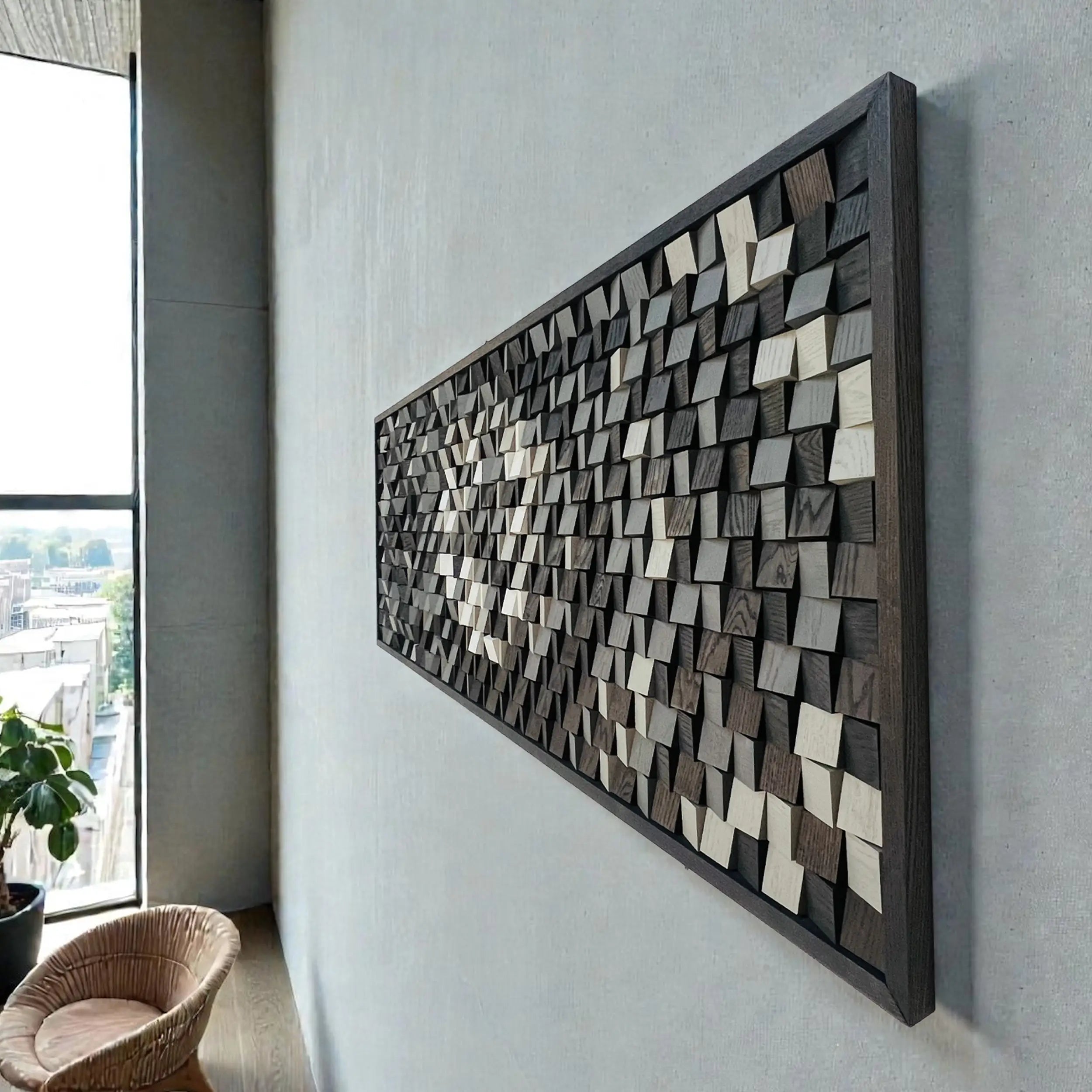 Wall art made of interlocking wooden pieces in a modern interior setting.