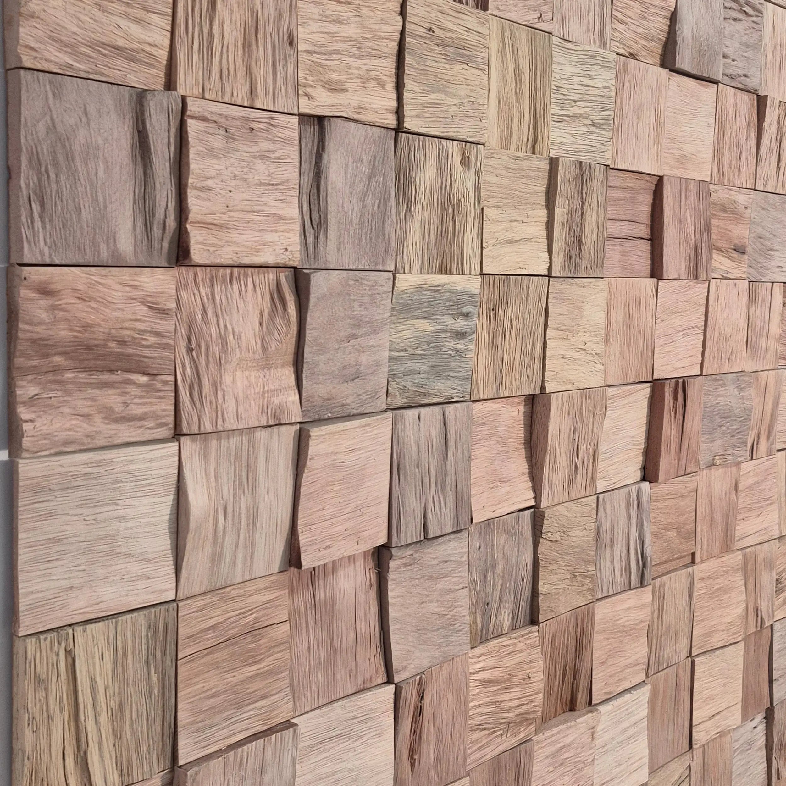Wooden panel wall with a variety of brown and beige square tiles.