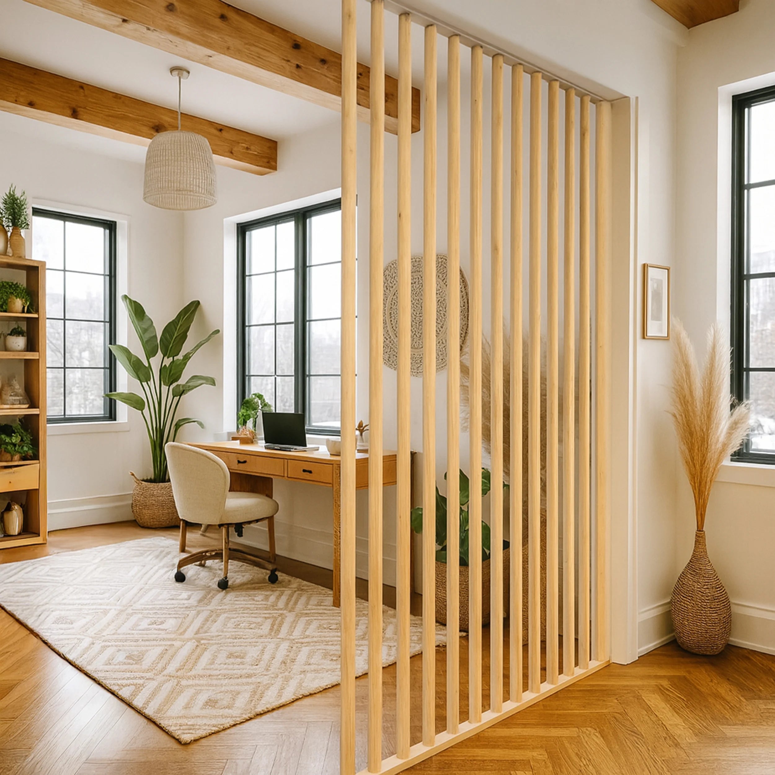 Home office with wooden desk, chair, and room divider.