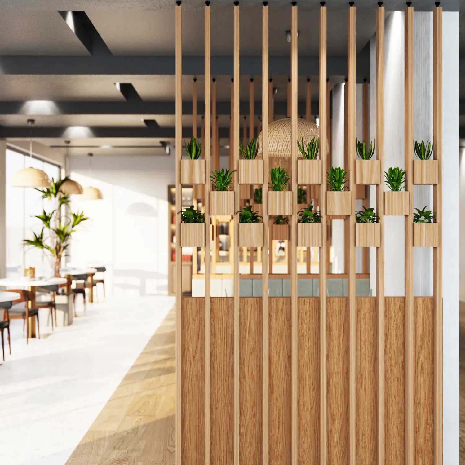 Modern interior design with wooden screen and potted plants