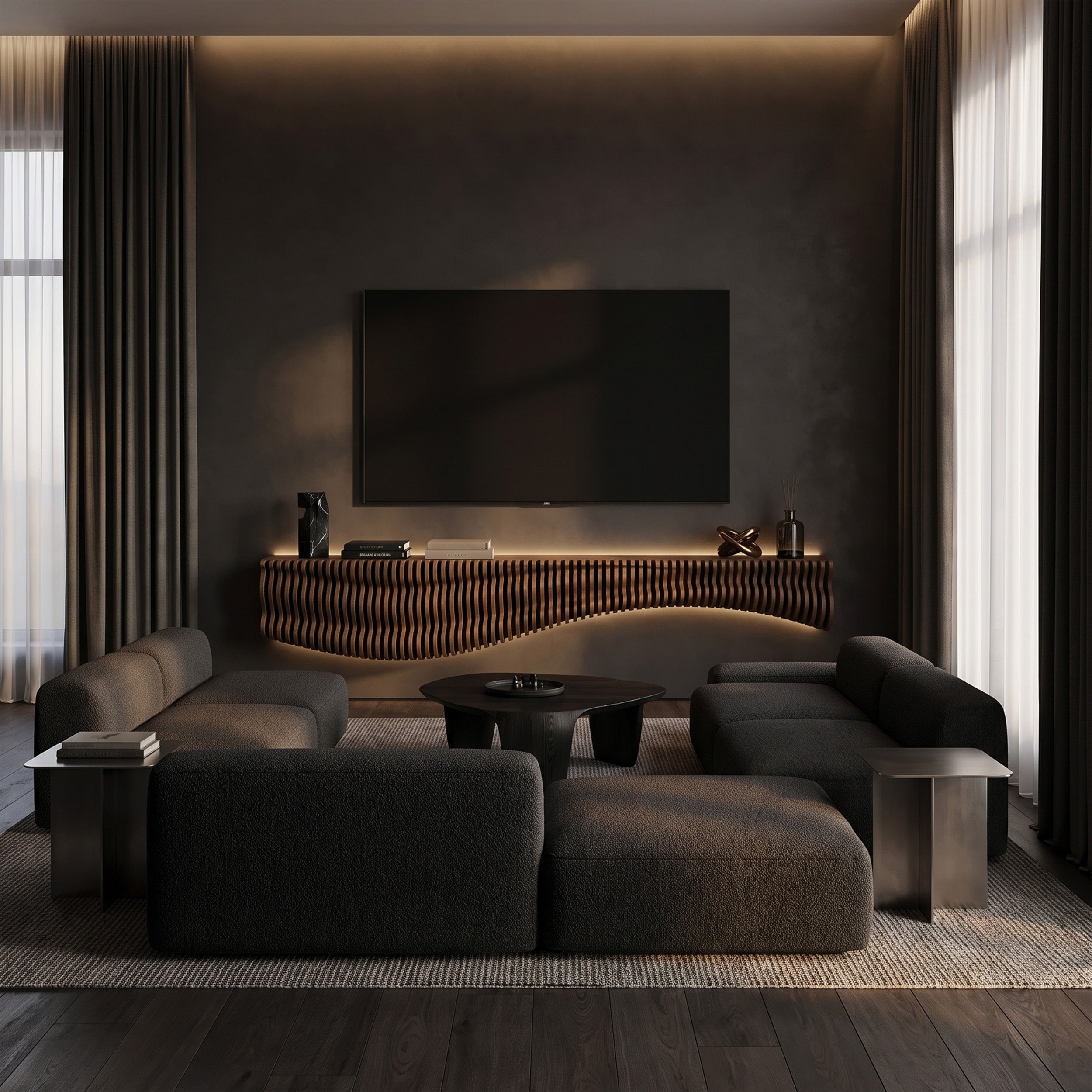A modern living room setup featuring a dark gray modular sectional sofa, a matching low coffee table, and a distinctive wavy wooden console with integrated lighting, set against a dark textured wall with a large flat-screen TV.