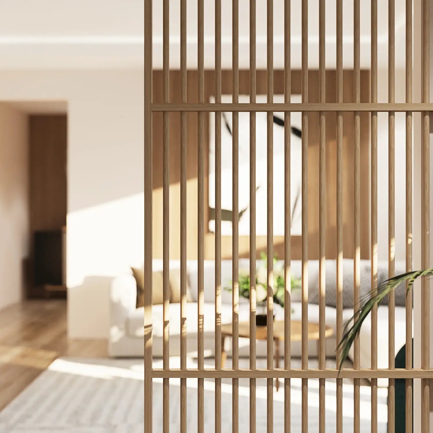 Wooden room divider in a modern living room setting