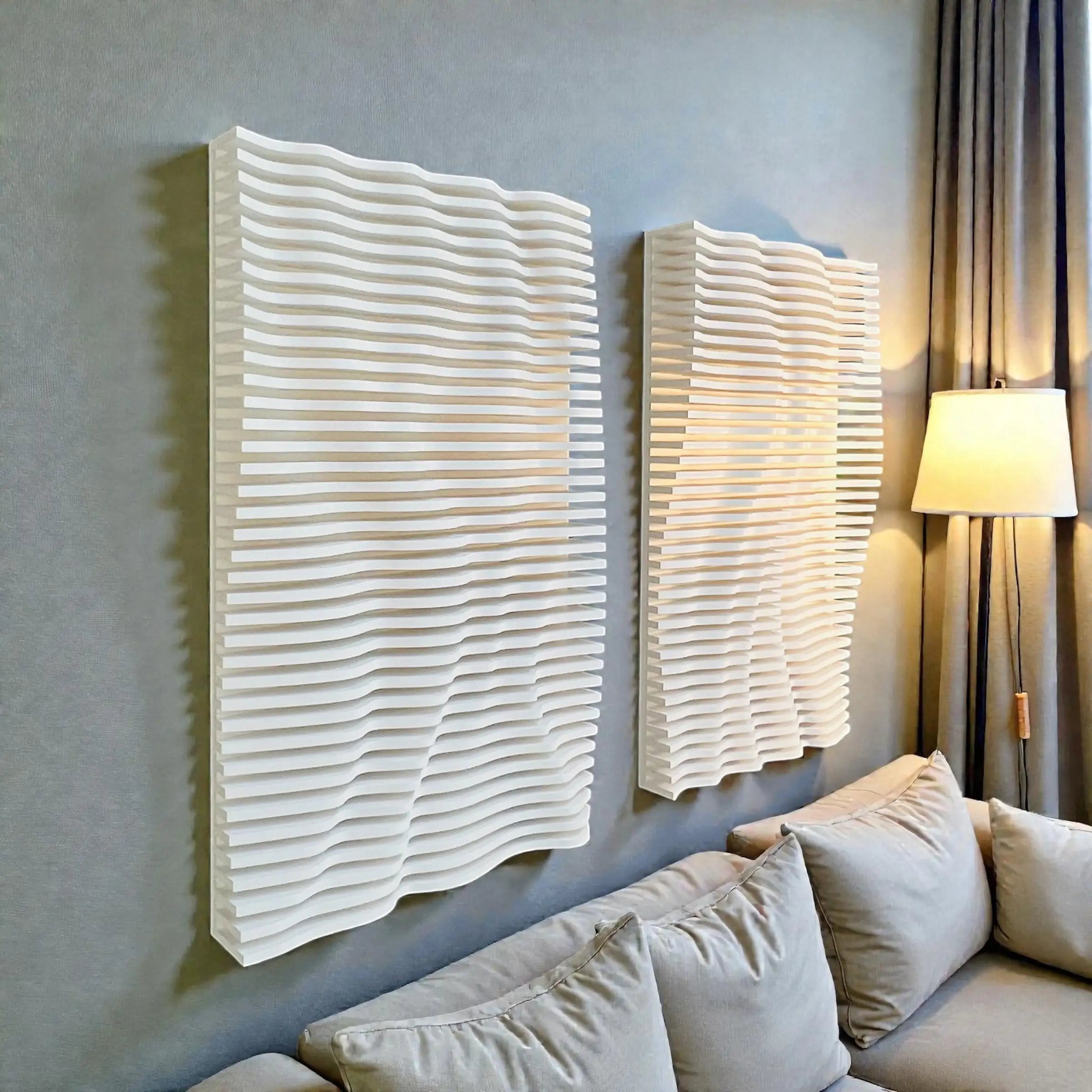 Decorative wall panels with wavy texture on a wall above a sofa.