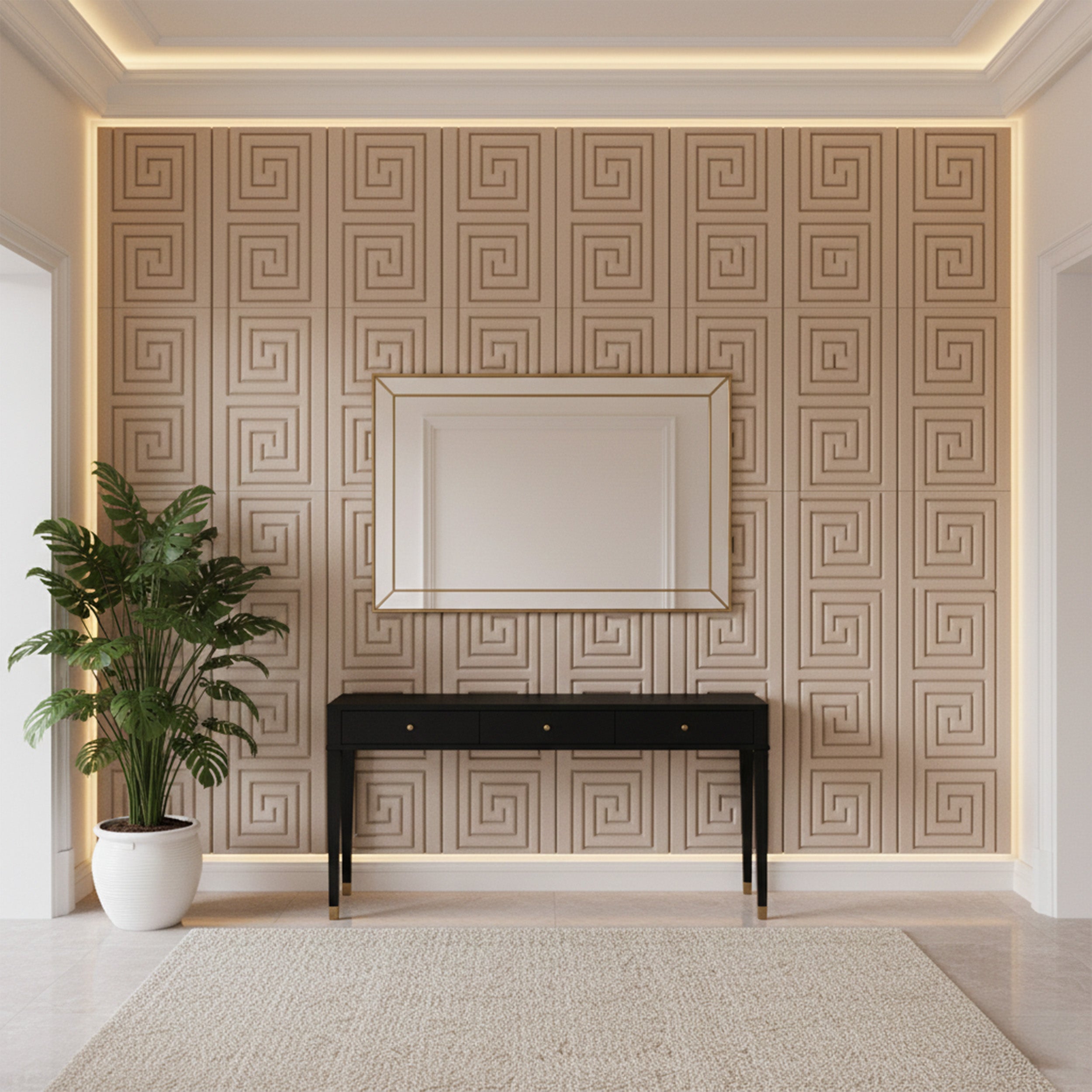Modern interior design with geometric wall pattern, black console table, and potted plant.