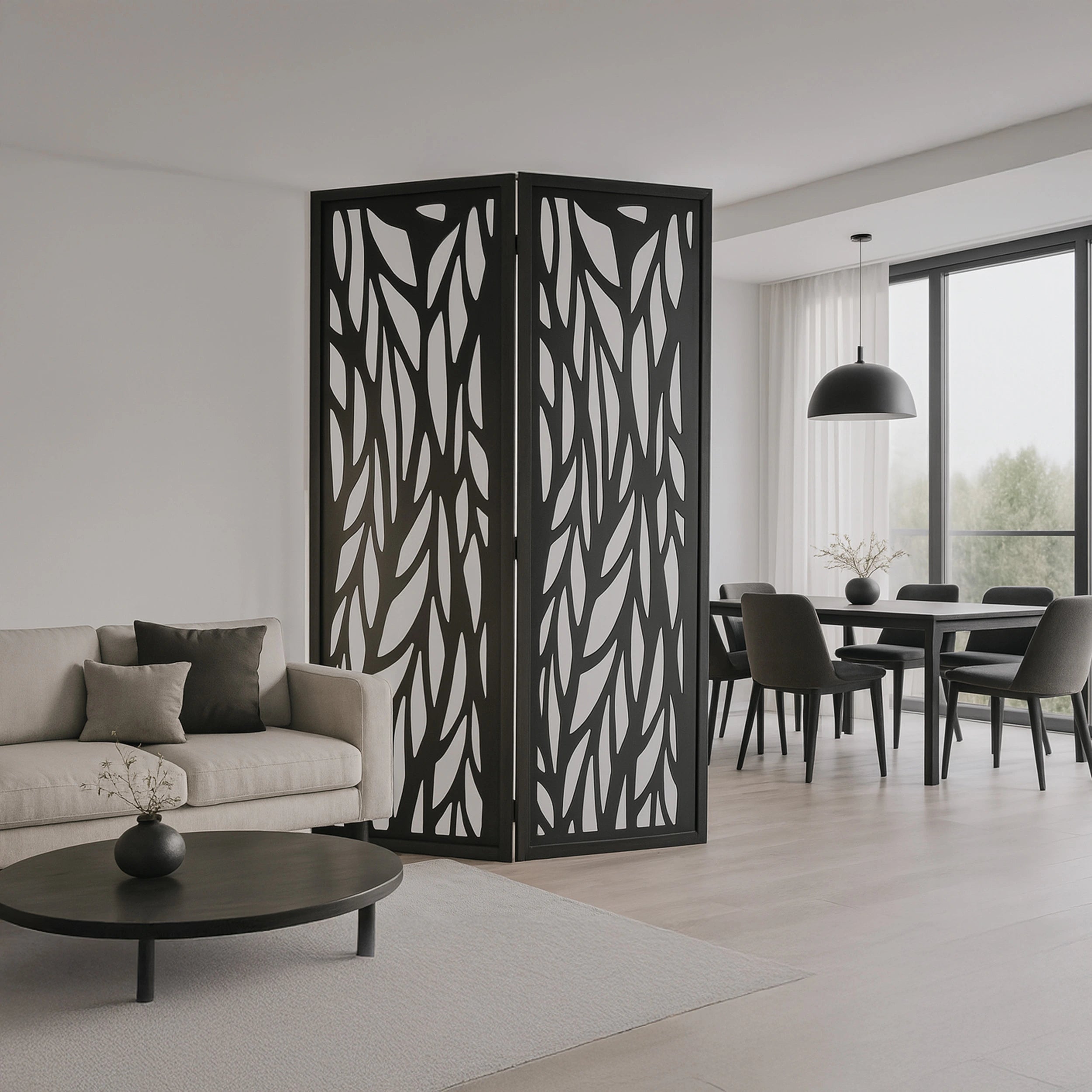 Room divider with geometric pattern in a modern living room setting