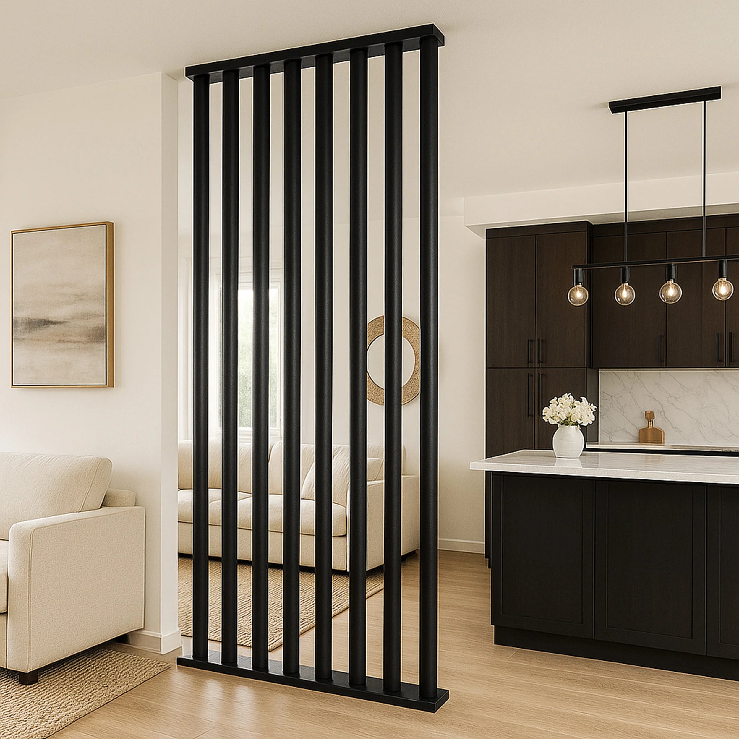 Black room divider in a modern living space with a kitchen.