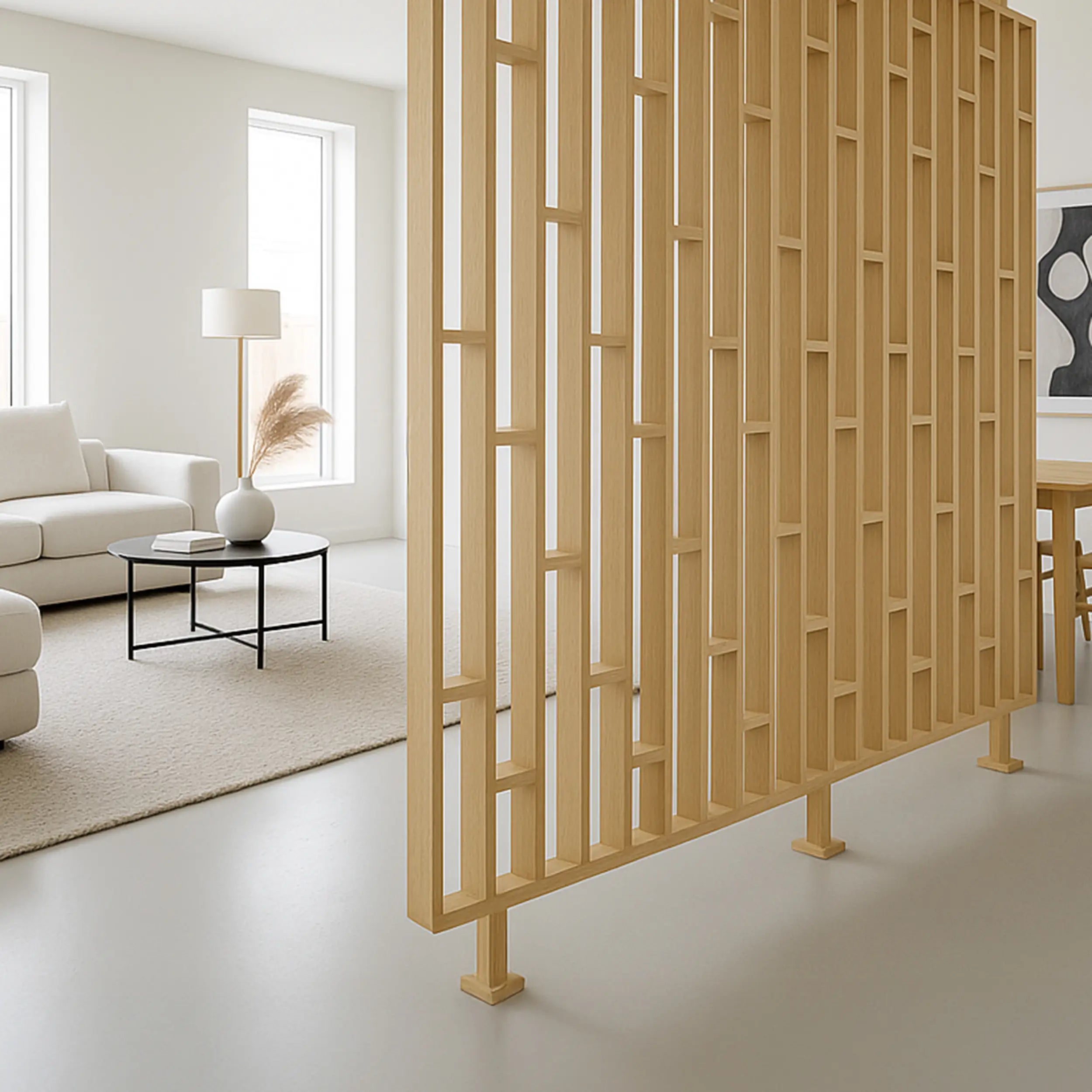 Wooden room divider in a modern living room setting