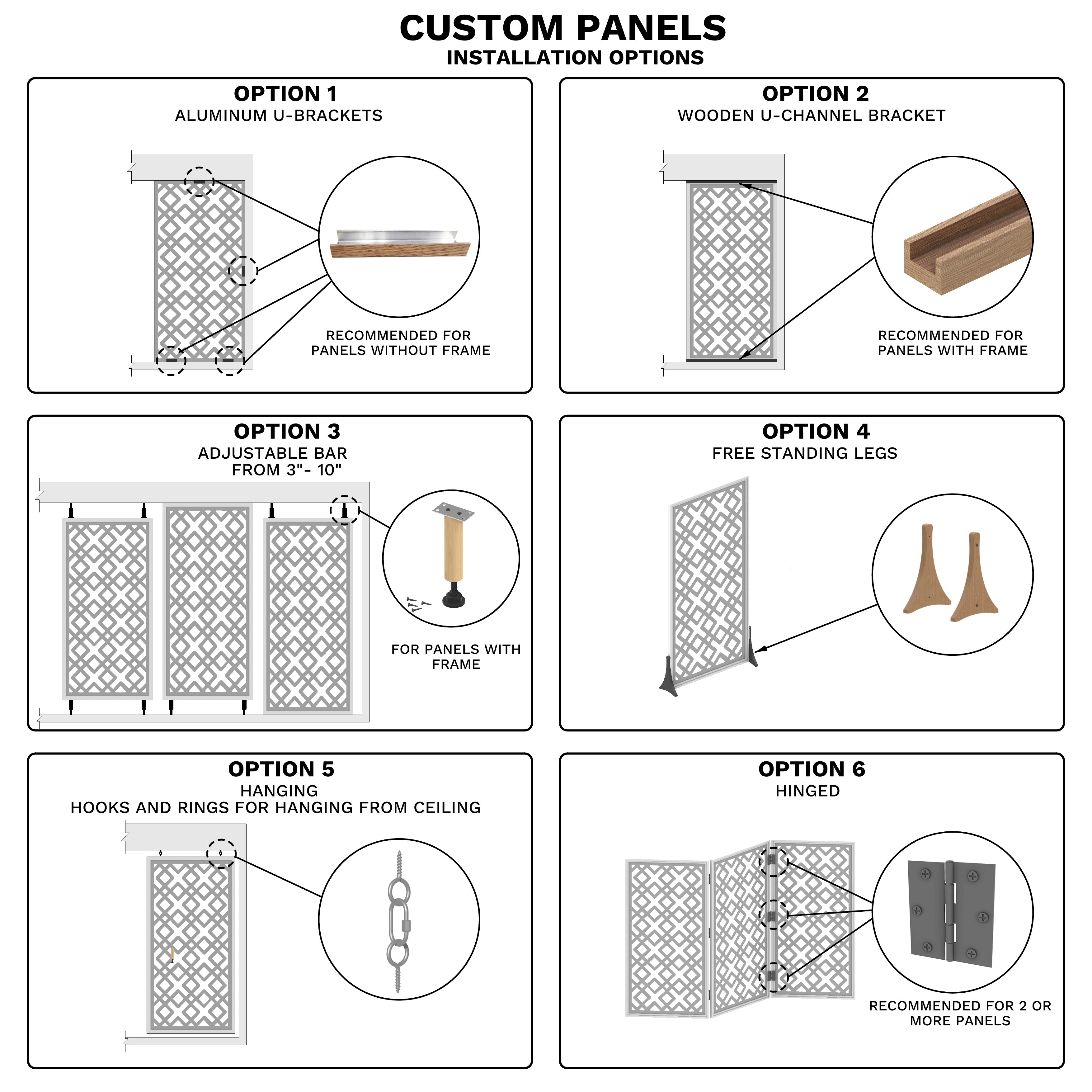 Diagram showing different installation options for custom panels with labeled brackets and components.