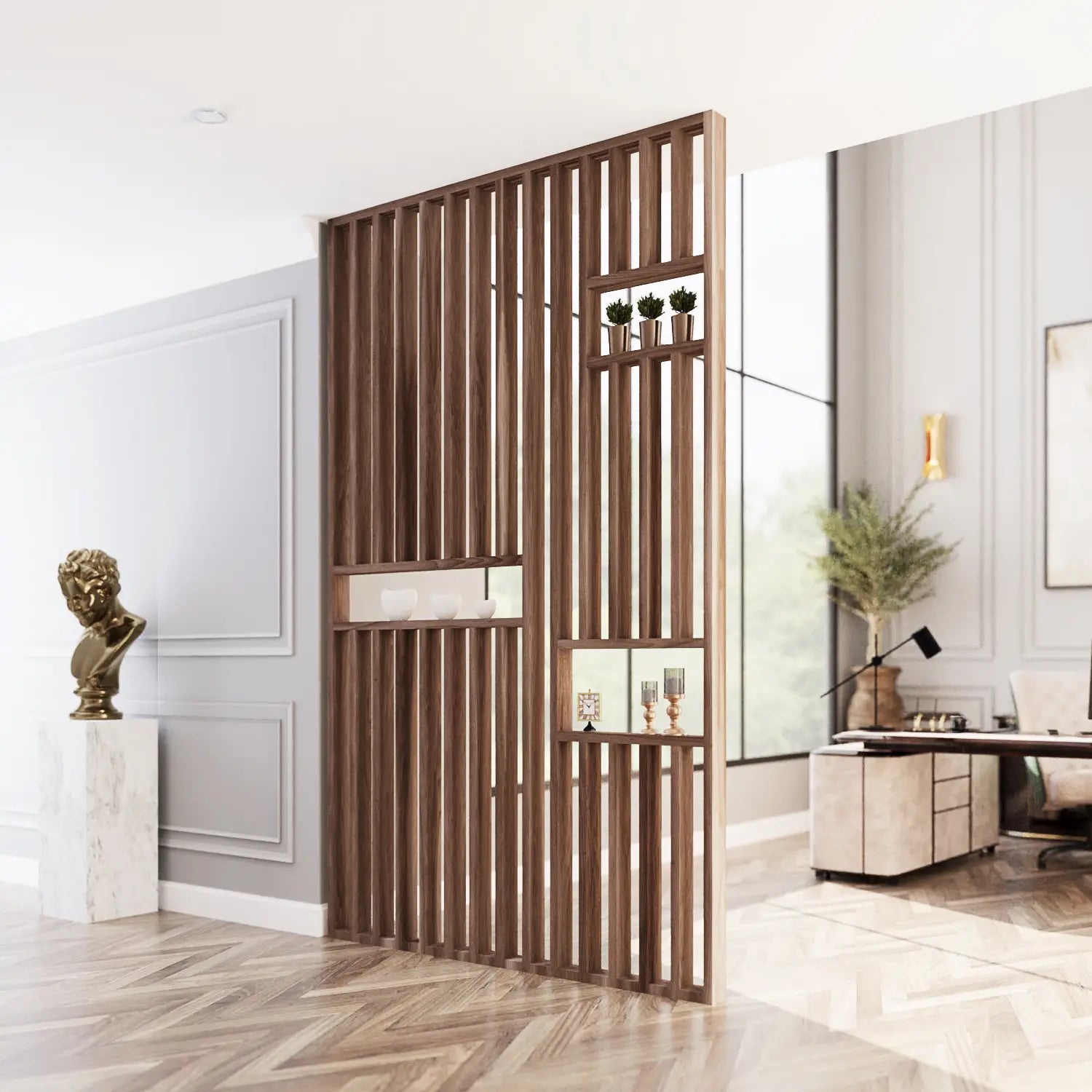 Wooden room divider in a modern office setting with a desk and decor.