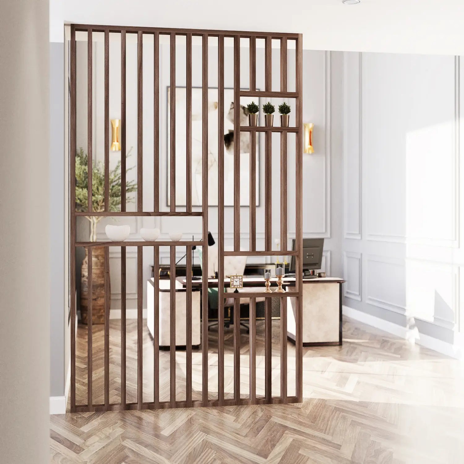 Wooden room divider in a modern interior setting with a desk and decor.