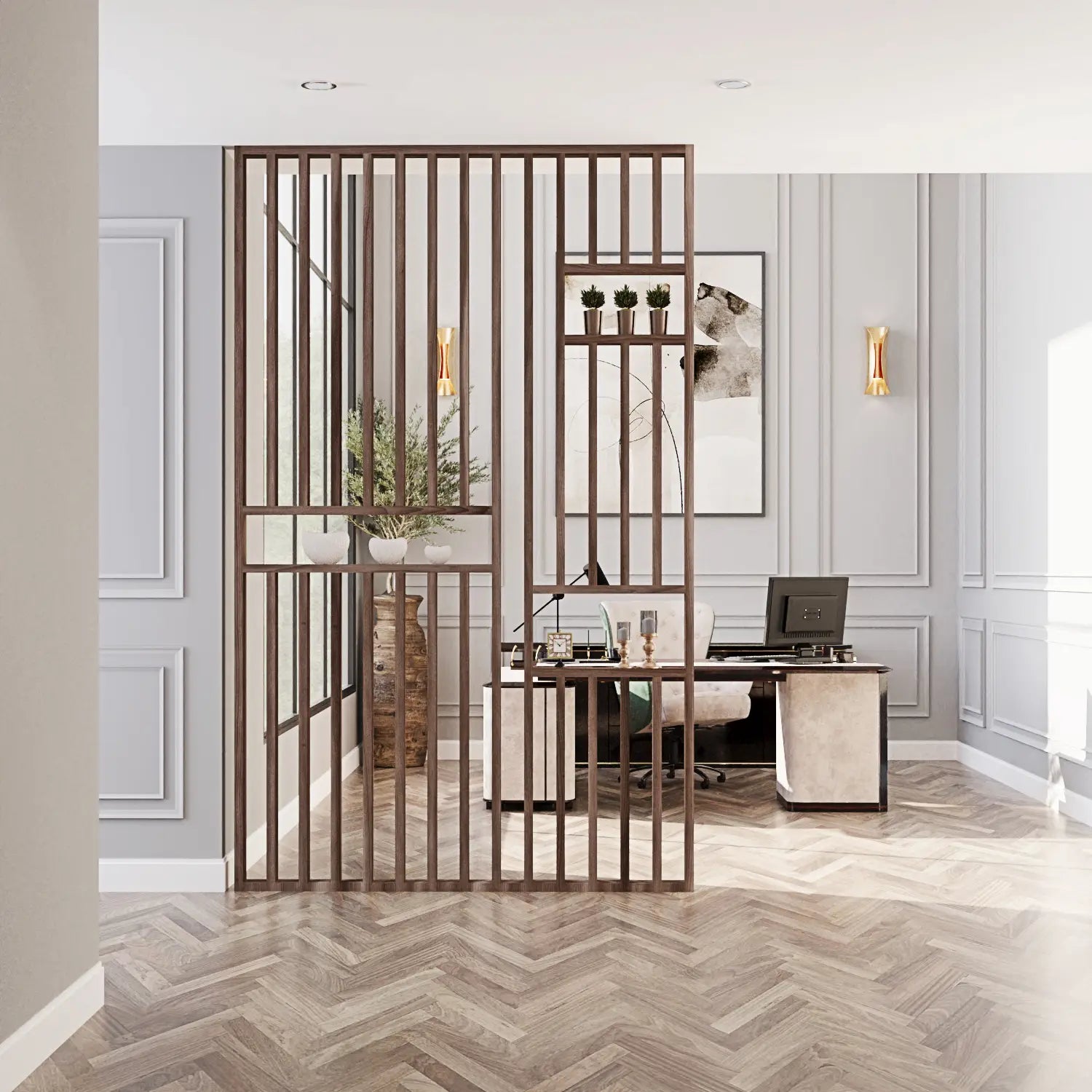 Modern office interior with a decorative metal screen.