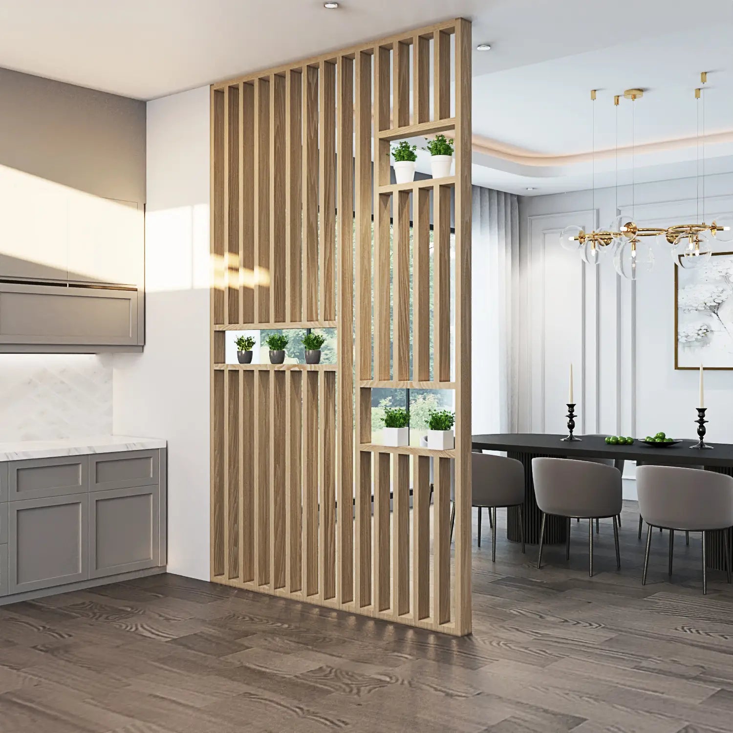 Wooden room divider in a modern kitchen and dining area