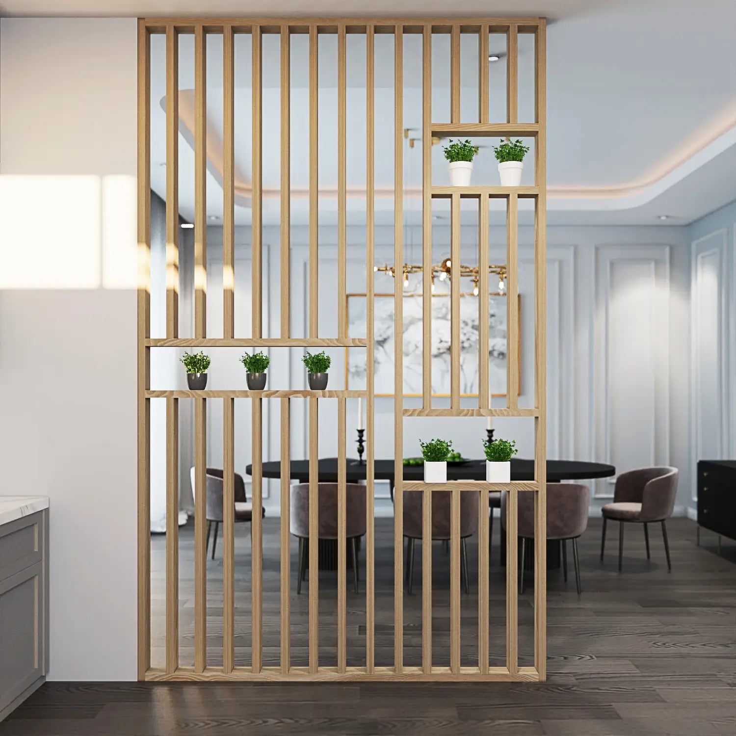 Wooden room divider in a modern interior setting with a dining table and chairs.